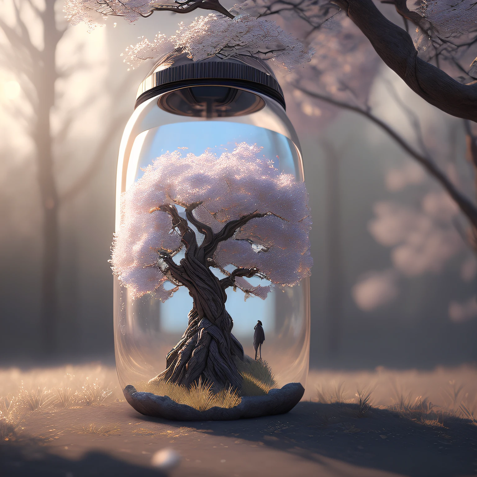 Fantastic art tree in a bottle,fluffly,realisticlying,photore,kanon,dream-like,Artistically,The cherry blossom tree of Chuanghui。 Ultra-detailed photorealism by Greg Rutkowski - H 1024 W 804 | f 1 6 lens mark 2:2 s 3555 mm film grains :1 Lifelike high-resolution clear focus contrast!!Intricately detailed atmospheric refractive illumination Unreal Engine 5 cinematic concept photography masterpiece Octane renders trend renders on cgsociety