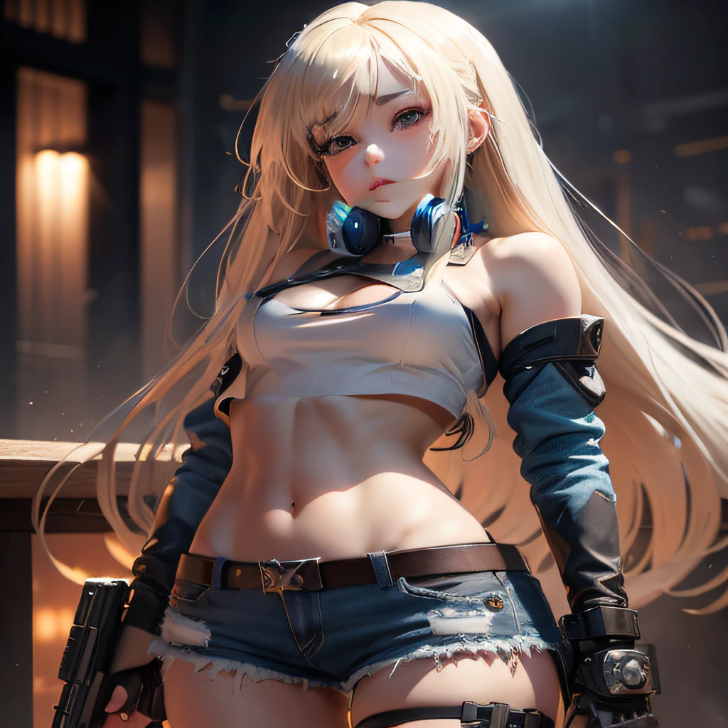 anime girl,long blonde hair,blue eyes,white crop top,denim shorts,Ak-47(black wooden stock,metal body,bullet chamber,trigger,bullet holder),high resolution(4k,8k),ultra-detailed,realistic,portraits,stylish,looking at viewer,vivid colors,studio lighting,soft shadows. Showing only the chest above