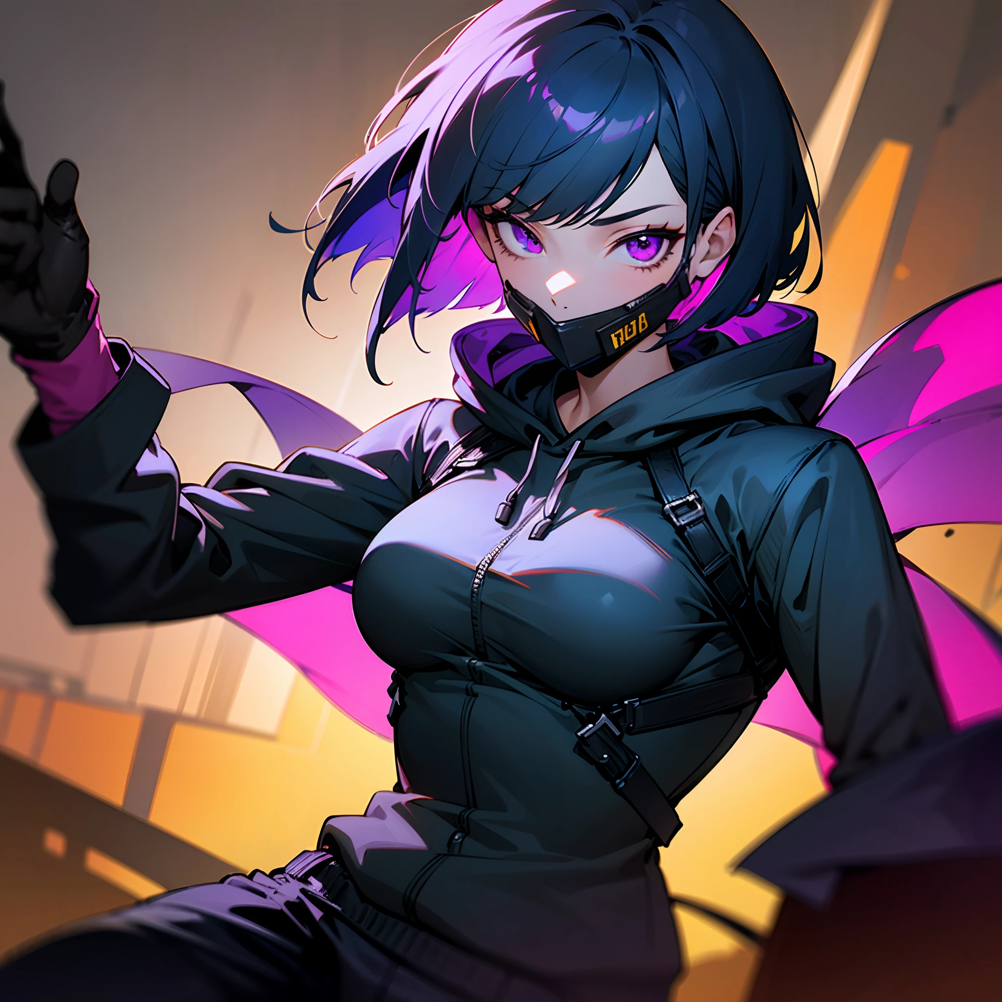 1girl, short blue hair, bob cut, purple eyes, face mask, medium breast, blue hoodie, black baggy pants, black gloves, cyberpunk, neon, solo, best quality, masterpiece, portrait, night city background, looking at the camera, from the front, 1result, vibrant, detailed, perfect anatomy, detailed art, high definition, 4k, high resolution, dynamic pose
