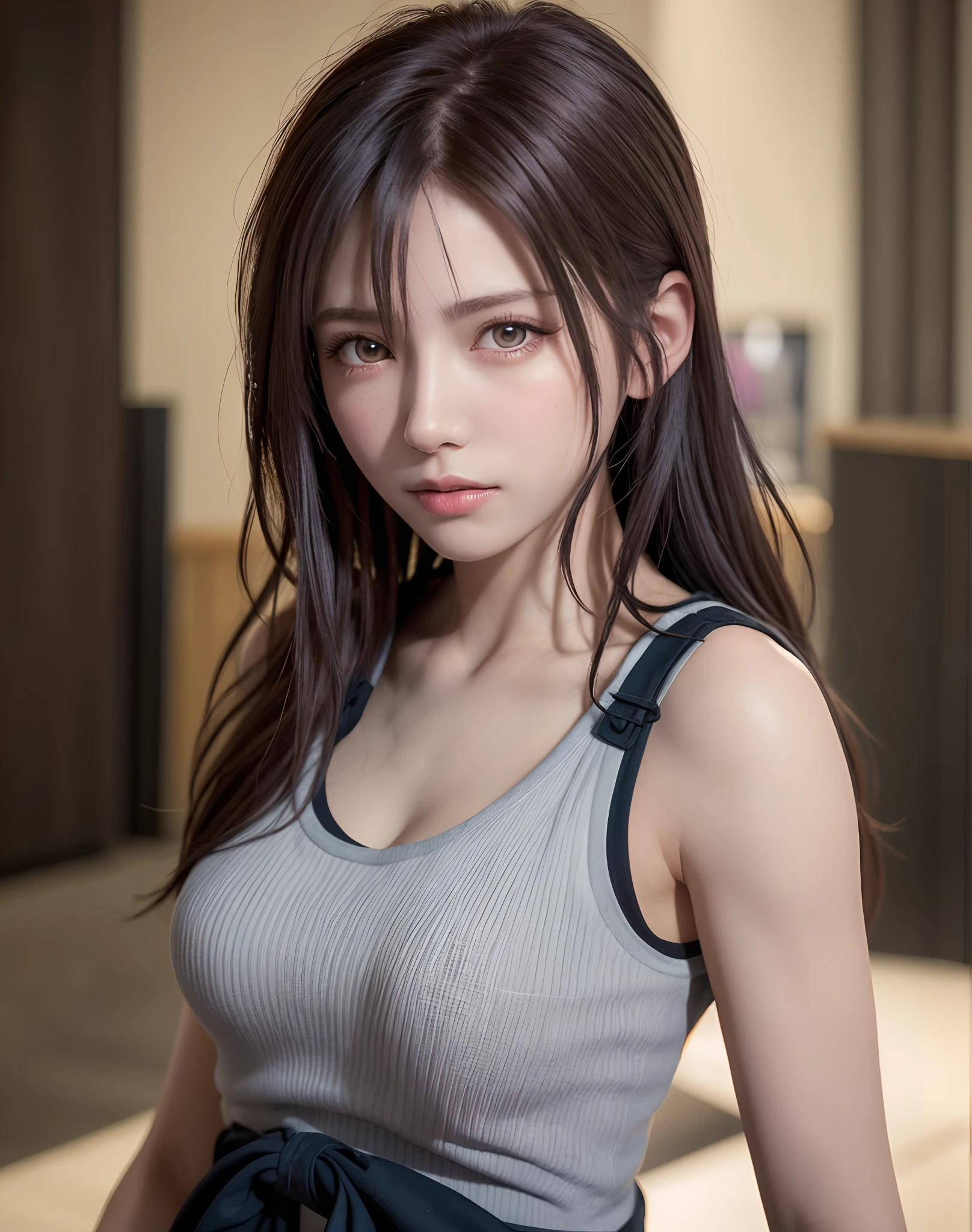 high quality picture, masutepiece, detailed hair texture, Detailed skin texture, Detailed Cloth Texture, 8K, Add fabric details, ultra detailed skin texture, ultra detailed photographic, Skin pores, Portrait of a girl, wearing tank top, Add cloth details, h...