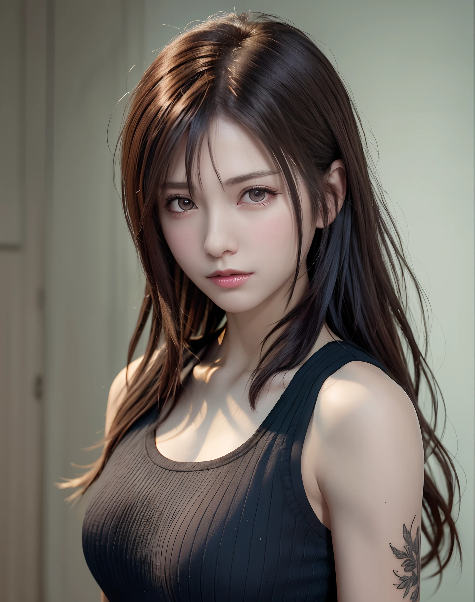 tmasterpiece,Best quality at best,A high resolution,8K,(portrait),(Close up of avatar),(RAW photogr),real photograph,digital photography,(Sports Girl),20-year-old girl,long ponytail hairstyle,By bangs,(black blonde hair),(green eyes),Serious and charming,A plump chest,cleavage,Keep your mouth shut,elegant and charming,serious and arrogant,Calm and handsome,(Modern style female athletes),Photo pose,Realistic style,gray world background,oc render reflection texture