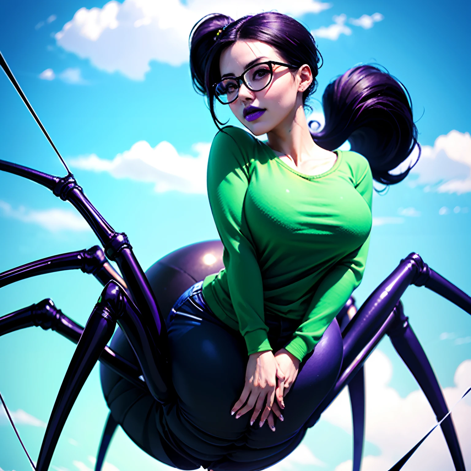 Best quality, masterpiece, realistic, glasses, ponytail, massive breasts, half spider body, spider legs, sticky spider web, green tight shirt, violet lips, full body, blue sky, fine skin, black hair