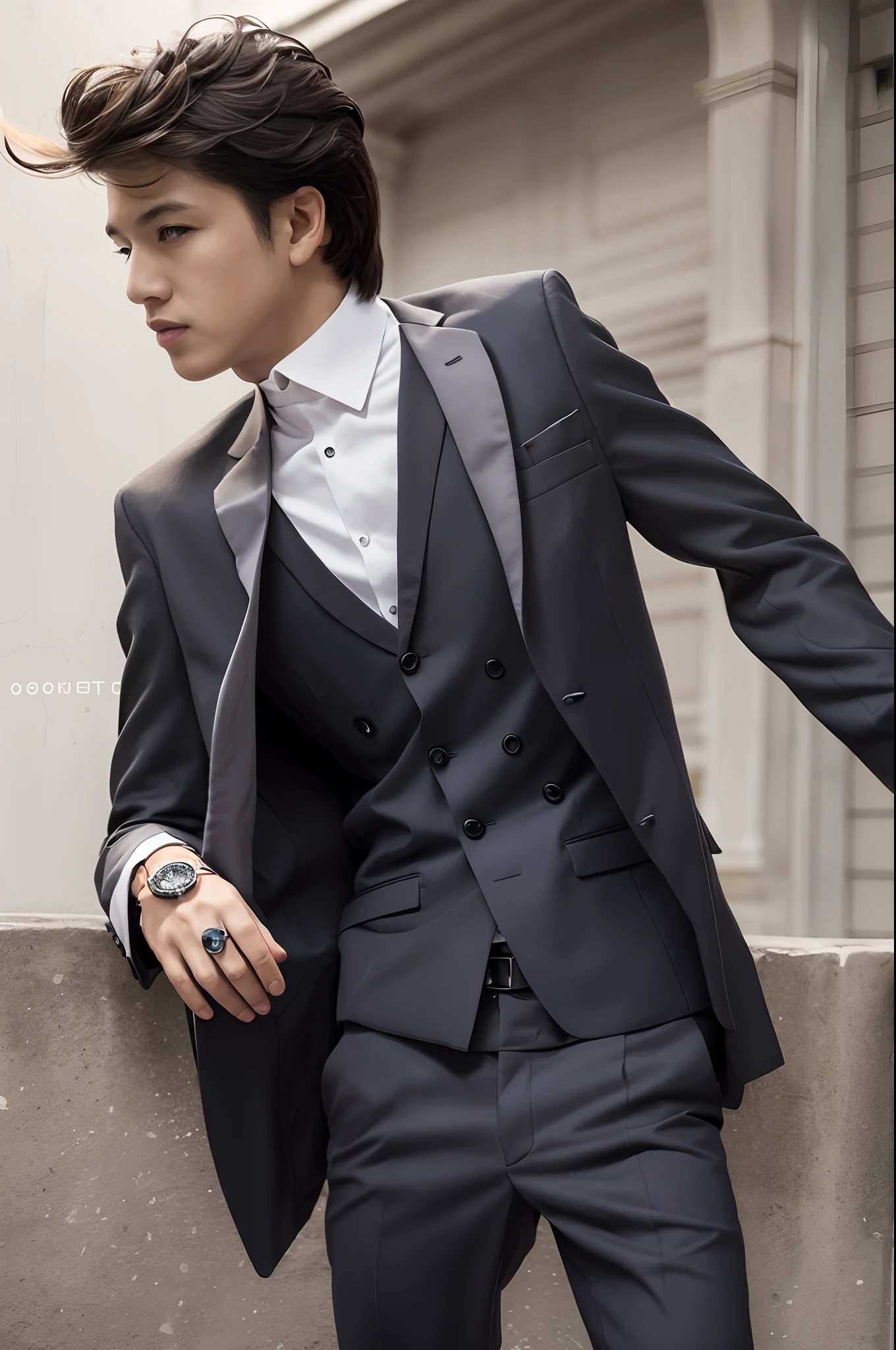 femboy, bulge, crossdressing, short hair, brunette, skirt suit, (((three-piece suit))), necktie, blazer, suit jacket, waistcoat, bodycon skirt, white gloves,