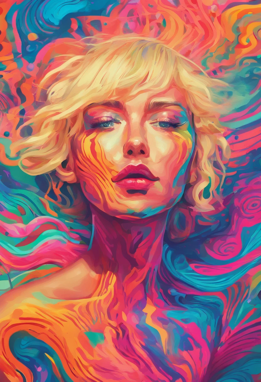 a Polish 35 Years old woman with very short blond hair have a orgasm, transgressive art, sharp focus, 8 k, octane render , saturated colors, pastel colors