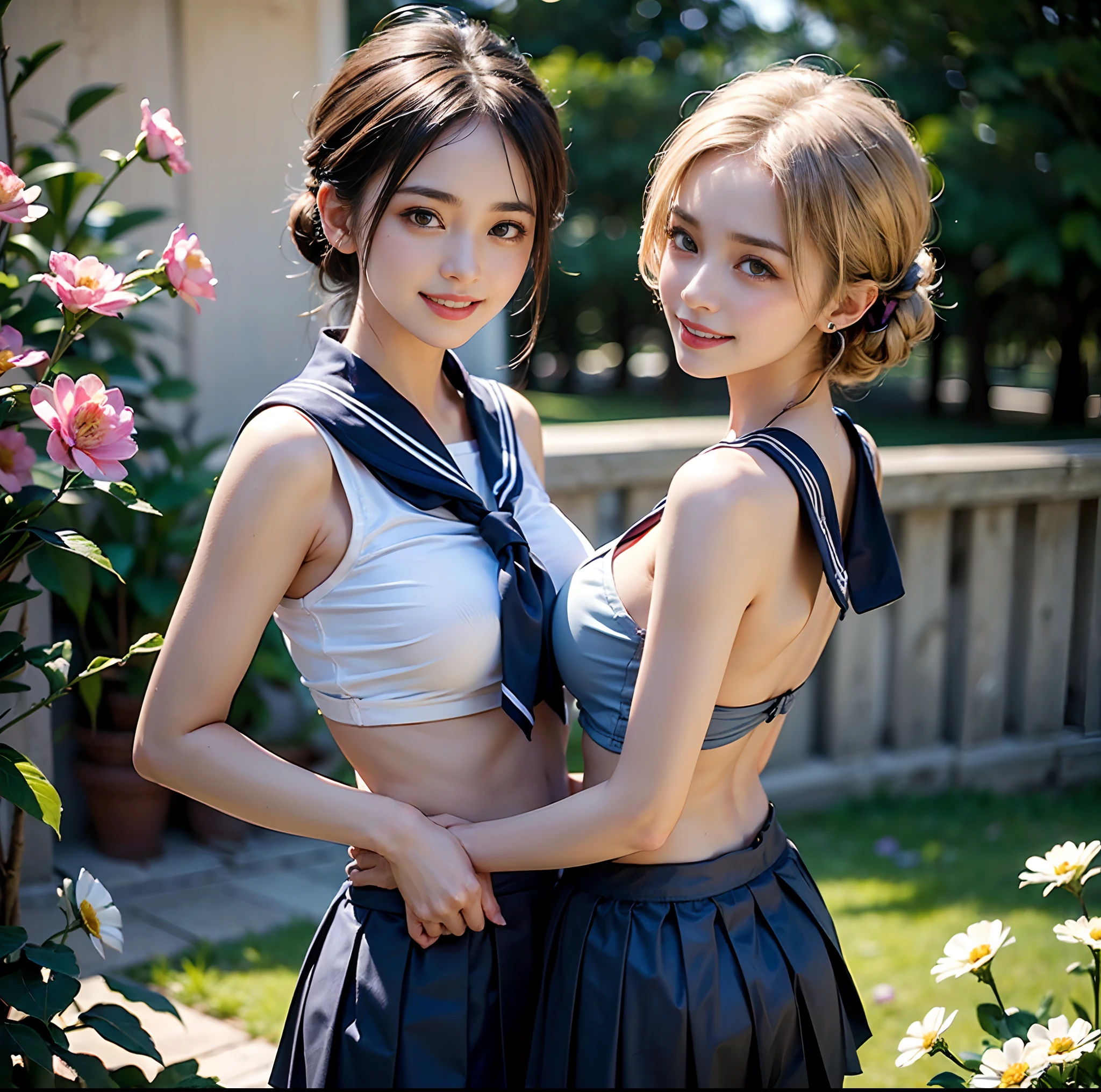 (top-quality)、 (masterpiece)、(Professional lighting with fewer shadows)、 (A hyper-realistic)、 (perfect anatomia)、 (In front of the camera、There are two women、Forward and backward、Crying Kuroko、That and bangs and forehead), ( Huge breasts), (Bright and even whitening skin without wrinkles and steps), (Beautiful blue eyes with long eyelashes and red tear bags)、 (Her outfit is worn only in a cramped sailor suit with a micro mini-length pleated skirt directly over her nakedness.:1.5), (Two people are surrounded by flowers, Face the front in front of the camera、stick out chest:1.5), (Another person on the other side、arcuatewith waist, Turn your back and expose your back buttocks:1.4), (One hand behind the head, A beautiful face is a beautiful smile with lowered eyebrows:1.5),