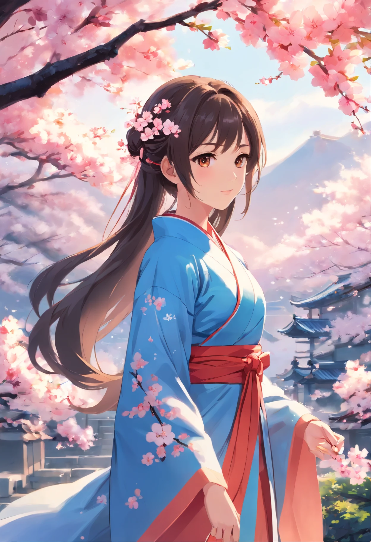 woman,peach blossom,Blue and white Hanfu robe,sliver long hair,With a slight smile,The complexion is reddish,Behind it is dominated by sky peach blossom trees