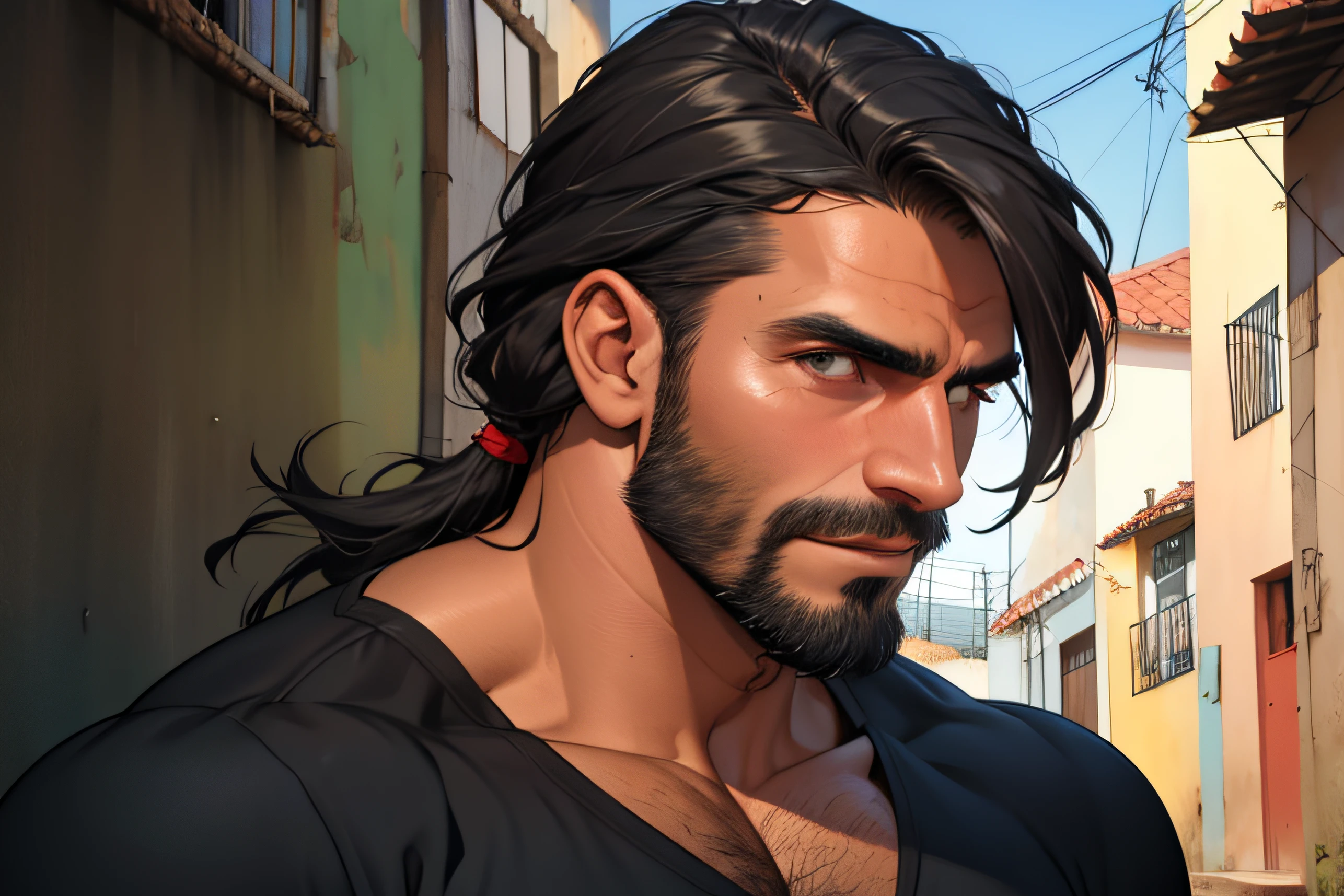 homem 40 anos, musculoso, cabelo preto, barba preta, com um machado nas costas