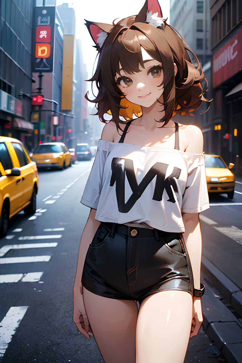 ((Masterpiece)), (High Definition:1.3), (Professional Photography:1.2), best quality, 8K, Textured skin, cinematic lighting, 1girl, wide-shot, (Cute innocent age girl), slendar body, very messy medium hair, Wearing hiphop-style oversized shirt, (exposed shoulder), smile, cat ears, pale brown hair, (cute standing on the newyork street)