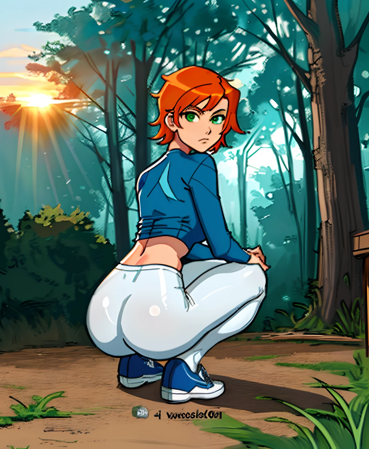 [gwen_tennyson], ((masterpiece)), ((high quality)), ((HD)), ((solo portrait)), ((back view)), ((beautiful render art)), ((detailed shading)), ((intricate details)), {orange hair, (cute green eyes), short hair, short eyelashes, small boobs, (beautiful legs), (expressionless), (raised eyebrow)}, {(blue and white long-sleeve tee shirt, (white yoga pants), blue canvas sneakers}, {(squatting), (looking back), (looking at viewer)}, [Background; (trailer), (woods), (sunset), (sun rays)]