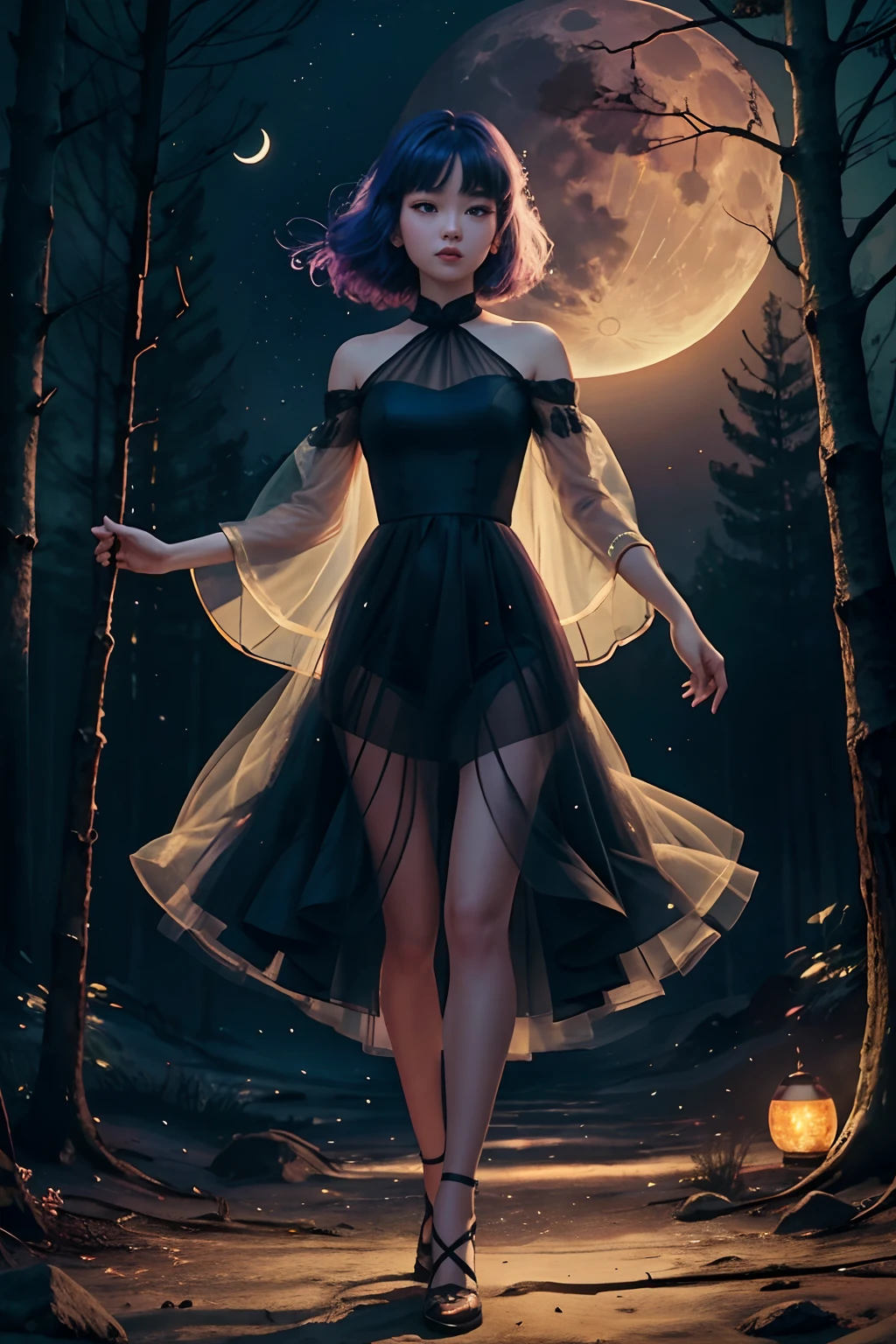 Solo,Mid-Autumn Festival ，Happy Mid-Autumn Festival，full moon，fire works，nigh sky，（fully body photo), Full body character design，Solo, 1 girl，standing on your feet，Night Moon Fluorescent Forest，fine art photography，(Movie Angle: 1.2),,(1 girl,The color hair， Sheer tulle dress),(Best quality, Detailed details, Masterpiece, offcial art, movie light effect, 4K)