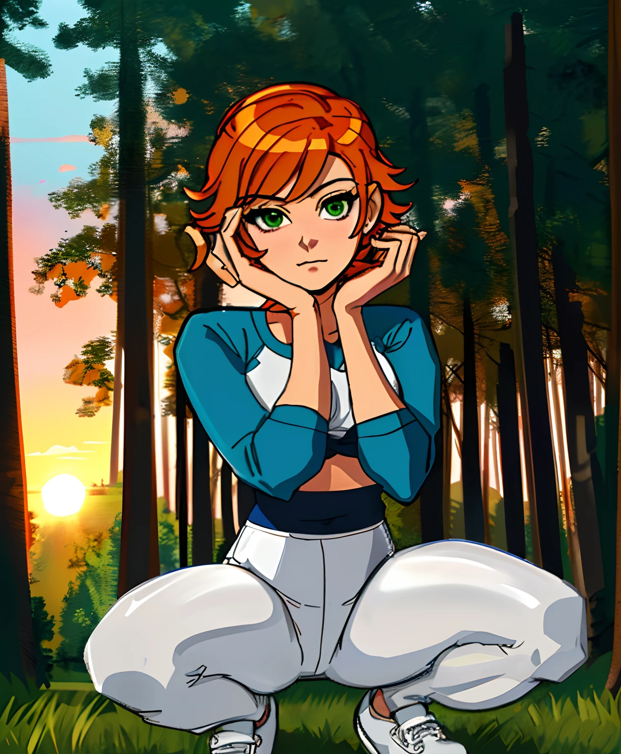 [gwen_tennyson], ((masterpiece)), ((high quality)), ((HD)), ((solo portrait)), ((beautiful 2D art)), ((detailed shading)), ((intricate details)), {orange hair, (cute green eyes), short hair, short eyelashes, small boobs, (beautiful legs), (expressionless), (camel toe)}, {(blue and white long-sleeve tee shirt, (white yoga pants), blue canvas sneakers}, {(squatting), (hands on thighs), (looking at viewer)}, [Background; (trailer), (campsite), (woods), (sunset), (sun rays)]