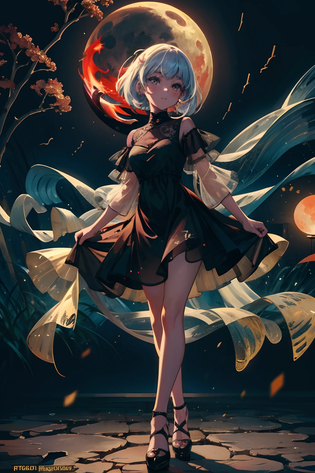 Solo,Mid-Autumn Festival ,Happy Mid-Autumn Festival,Moon,fire works,nigh sky,(fully body photo), Full body character design,Solo, 1 girl,standing on your feet,Night Moon Fluorescent Forest,fine art photography,(Movie Angle: 1.2),,(1 girl,The color hair, Sheer tulle dress),(Best quality, Detailed details, Masterpiece, offcial art, movie light effect, 4K)