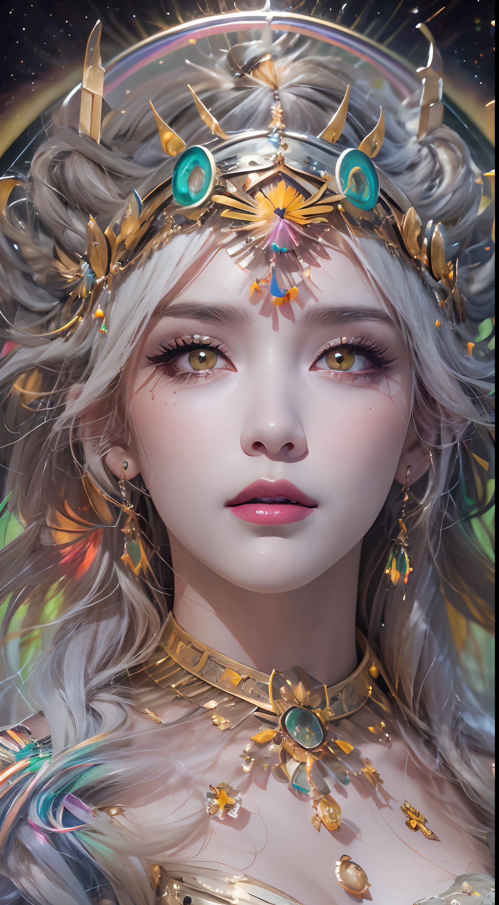 1 20 year old girl, 1 athena goddess from the future, Athena goddess pink purple, athena goddess face  thin yellow nightgown, long thin nightgown Athena many limbs  black lace detail, mythical goddess of the athena from the future, Symbol of Goddess, luxurious glittering athena style, dark and mysterious version, athena crown, lipstick red lips, thin and pretty lips, don't smile, keep your mouth shut, characters created by karol bak and pino daeni, intricate detail, detailed background, extremely detailed, light magic, a woman, clear face, looking at the upper body of the goddess of the athena, round , big and round , phoenix hair brooch, long hair with bangs, (Long hair has 7 colors like rainbow:1.9), beautiful detailed face and well-proportioned eyes, (transparent yellow eyes: 1.8), big round eyes and very beautiful and detailed makeup, visionary, long silk nightgown, mysterious makeup, Bracelets, side bangs and dye pale yellow, upper body, (athena goddess upper body: 1.8), drooping arms, Realistic and vivid photo, (stars that make up the athena: 1.7), ( sky athena and fictitious space and time portal: 1.8), fiction art, RAW photo, hanfu photo, best photo , high_res, best quality, best photo, 8k quality, 8k ultra , surrealism, the most economical real photo, artistic portrait of athena signs, 1 symbol of athena signs behind, single portrait of athena goddess, The most realistic color scheme, best photo color, masterpiece, hair ornament, necklace, jewelry, Beautiful face, upper body, tyndall effect, photo realistic, dark studio, border light, two tone light, (detailed skin) high: 1.2), 8k uhd, dslr, soft light, high quality, volumetric light, candid, Photo, high resolution, 4k quality, 8k, Bokeh, Smooth and sharp, pixel up 10 times, Charming athena goddess,  athena goddess, (background space: 1.8), (galaxy: 1.7), aurora, lightning, (Aurora Background: 1.8), perfect eyes, photo of perfect eyes, beautiful goddess and flowers,