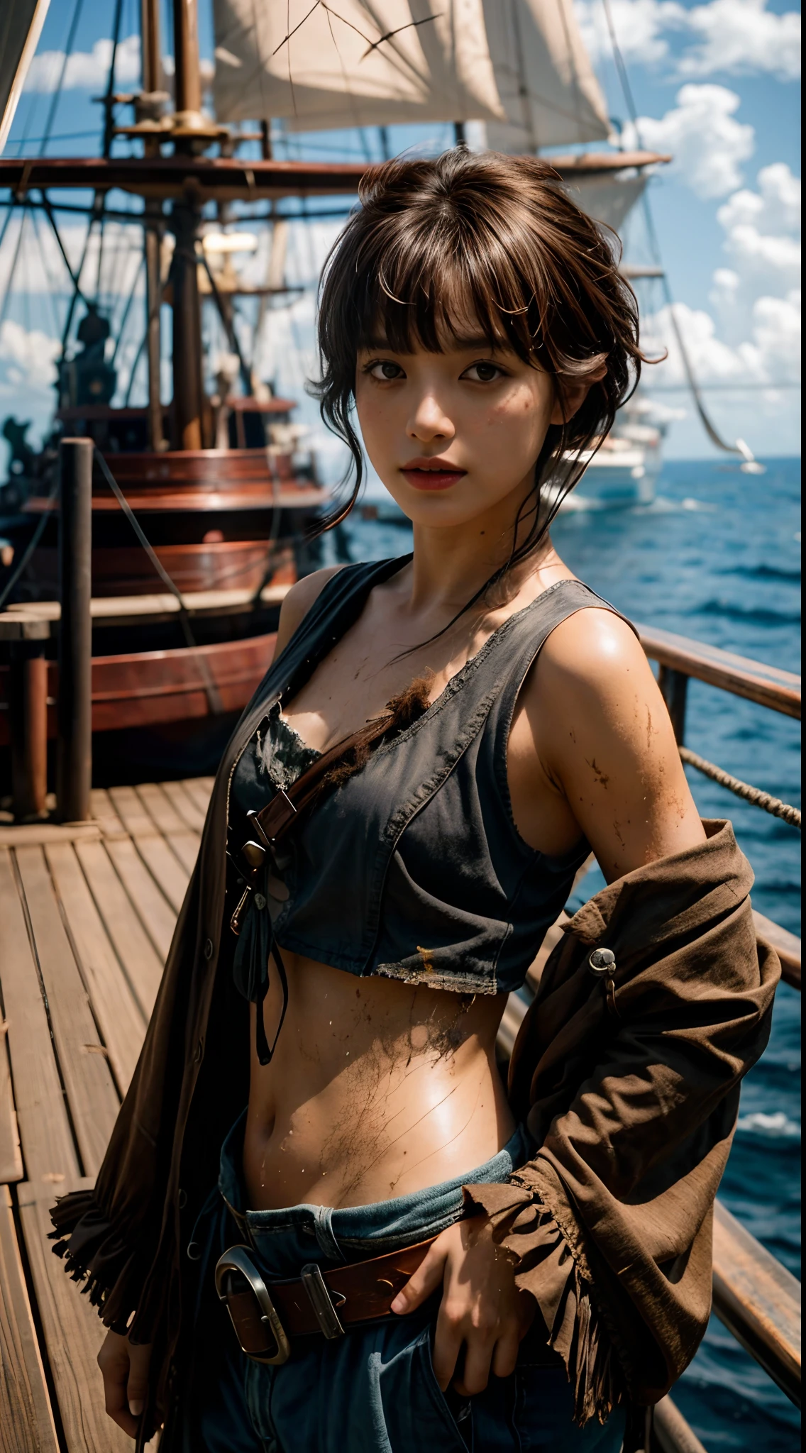 Dramatic lighting, Highest quality, film movie still, (Charming Anne Bonny, Dressed in dirty tattered pirate costumes, Stand on the deck of a pirate ship docked in a Caribbean port), grimy, Dark atmosphere, Toned body, (ripped clothing:0.8), Perfect face, view the viewer, (Detailed skin) [freckle], ((Dirty)), (muddy), (dark cloude:0.7), (Stormy weather:0.5), Dull, Natural lighting, (direct light:0.4), 8mm film grain, photographed on a Sony a9 II, 24mm lens, f/2.8 aperture, Deep focus, (primitive), 8K, (Stills from《The Lost Pirate Kingdom, black short hair with bangs, black short hair with bangs, midshot, centered image, ultra detail, extremely face detail, extremely eye detail