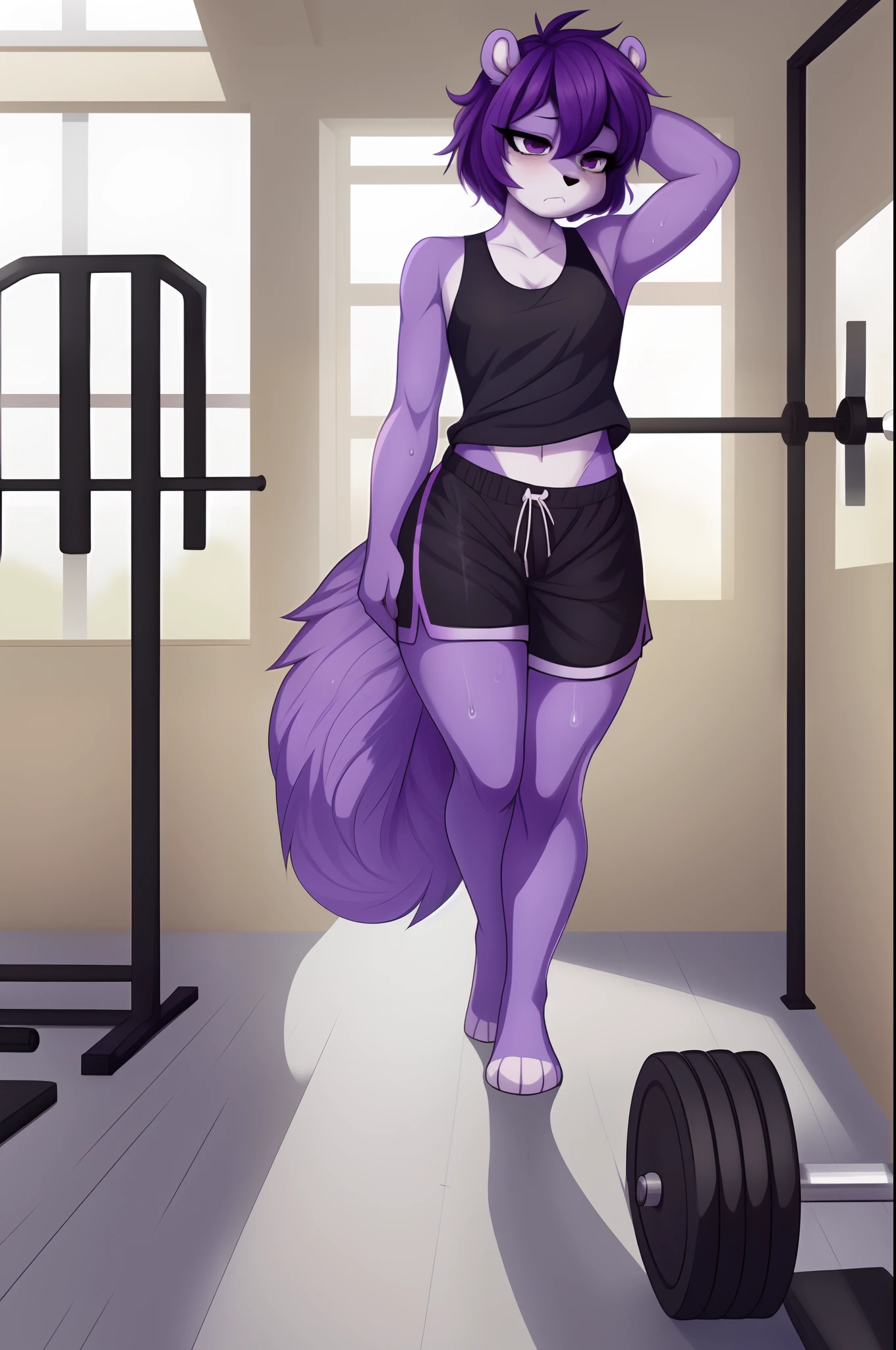 Kaori, cute light purple furry anthro squirrel girl, in a gym, looking tired, sweaty, purple eyes, black shorts, black tank top, front view,