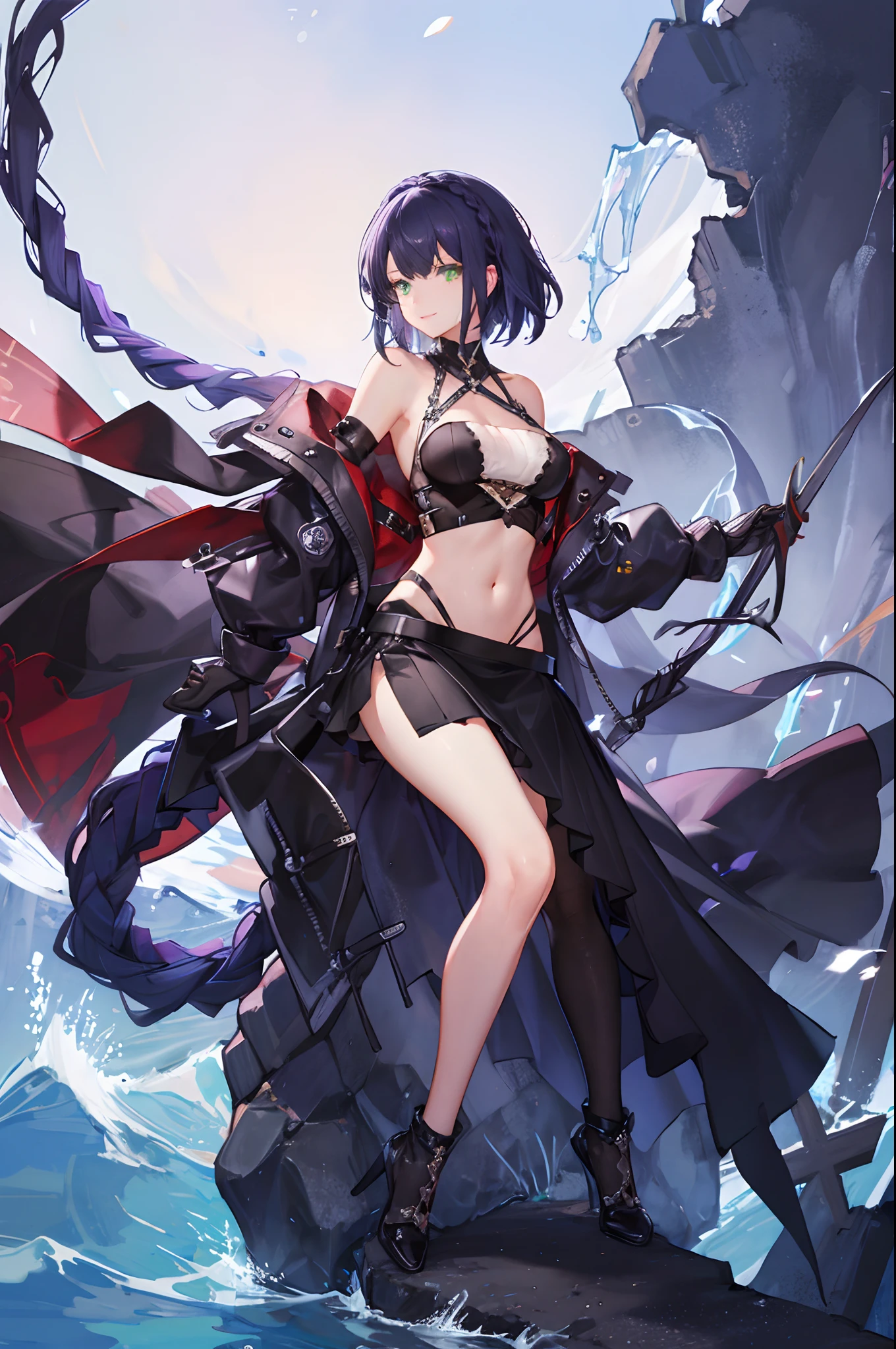 (Best quality, highest resolution, 8k, 1 girl, solo), masculine girl, muscular body, (black hair, blue fringes, short hair, braided hair, tattered clothes, emerald eyes, crop-top, threaded outfit), V-neck, gothic style, bare shoulders, long gloves, long skirt, large breasts, moon,sea, violet lips, enchanting girl, powerful look, light smile, silky black stockings