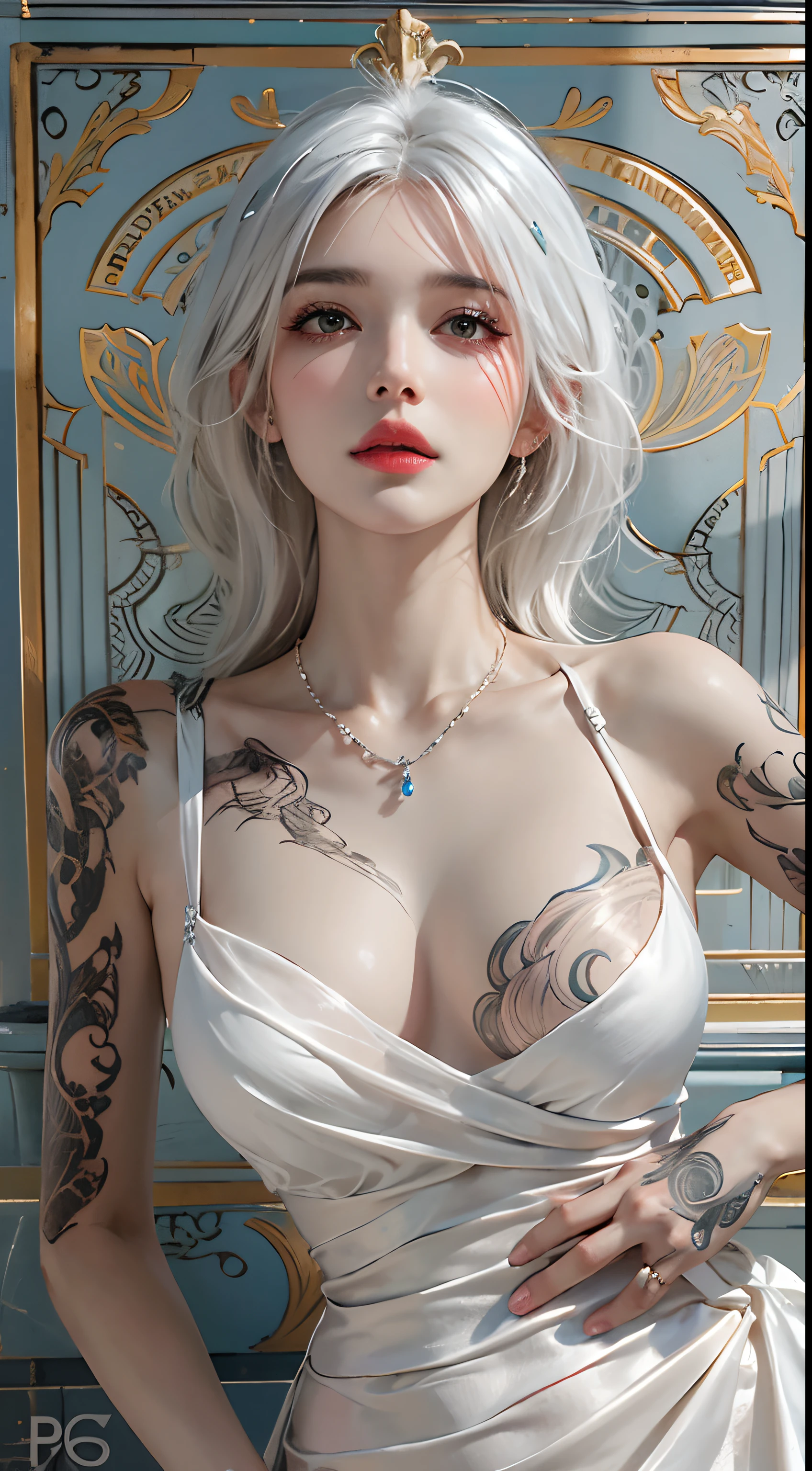 Photorealistic, high resolution, 1womanl, Solo, Hips up, view the viewer, (Detailed face), White hair, Elegant dress, jewelry, tattoo