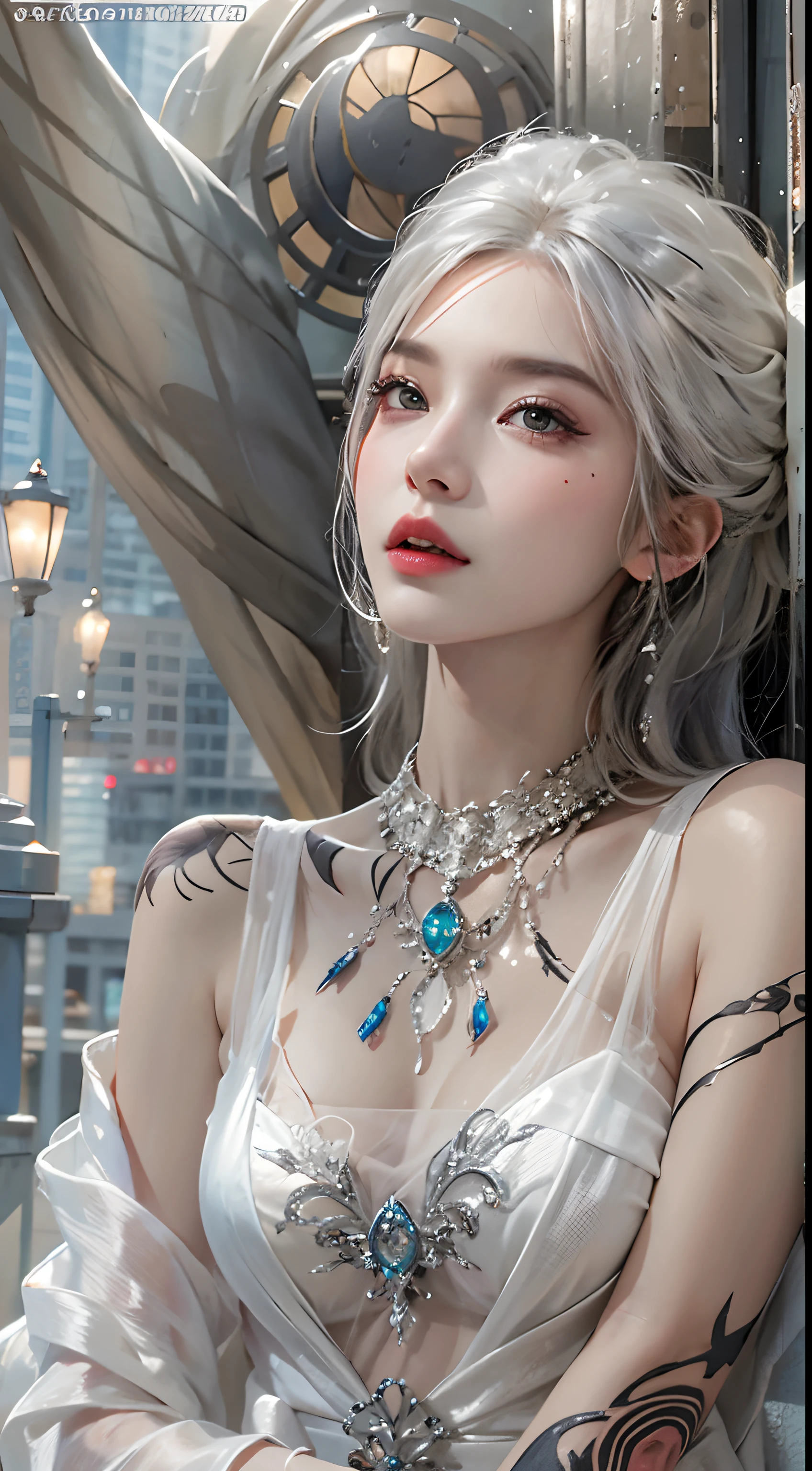 Photorealistic, high resolution, 1womanl, Solo, Hips up, view the viewer, (Detailed face), White hair, Elegant dress, jewelry, tattoo