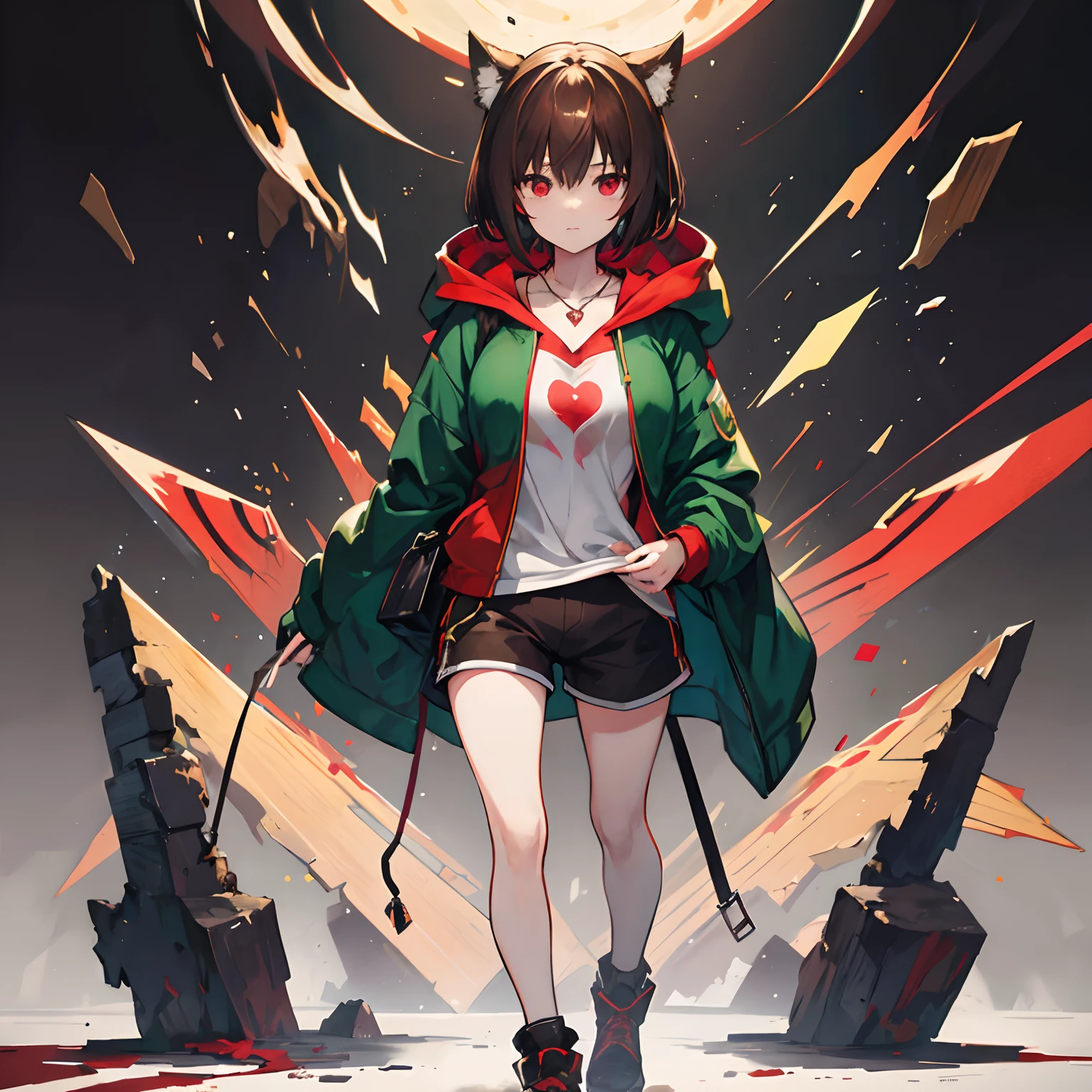 undertale，chara，solo person，Lone wolf，shadowy，red - eyed，Sick，Serial killer，bloodthirsty，Green hood，brown shorts，daggers，stocklings，Full body standing painting，with short brown hair，Be red in the face，Hand repair，the detail，k hd，Gold love heart necklace，Close to the original，illustration，CG，anime big breast，quadratic element（Optimal image quality，tmasterpiece，sexual appetite）