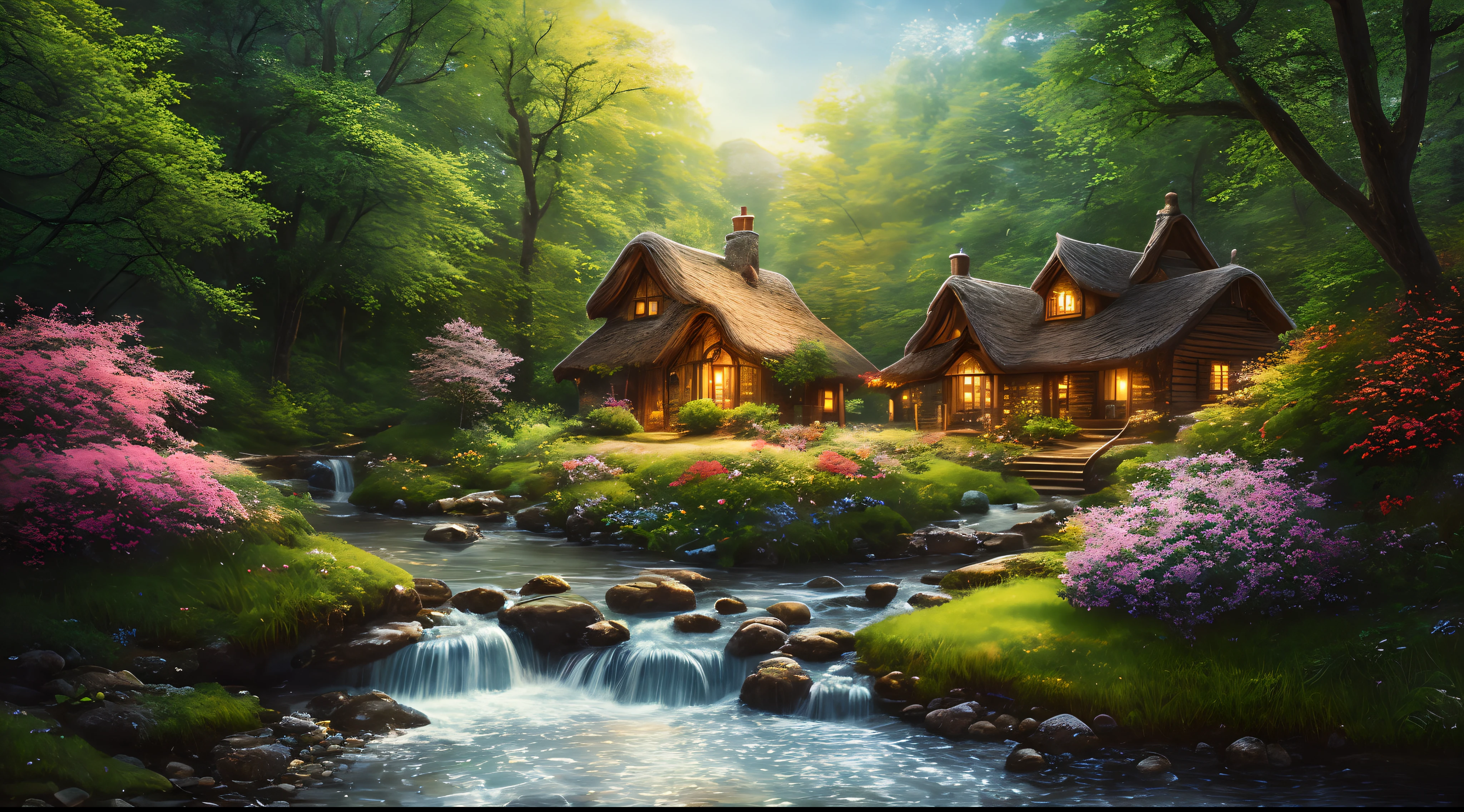 masterpiece, best quality, high quality,extremely detailed CG unity 8k wallpaper, An enchanting and dreamy scene of a fantasy forest, beautiful cottage beside a stream,with towering trees, glowing flowers, and hidden fairy glens, creating a sense of mystique and enchantment, artstation, digital illustration, intricate, trending, pastel colors, oil paiting, award winning photography, Bokeh, Depth of Field, HDR, bloom, Chromatic Aberration ,Photorealistic,extremely detailed, trending on artstation, trending on CGsociety, Intricate, High Detail, dramatic, art by midjourney