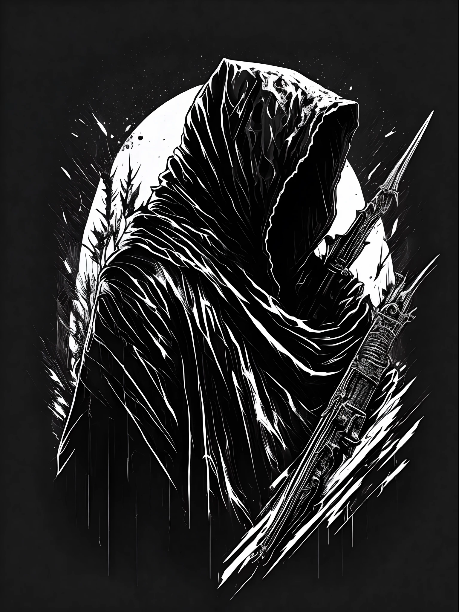 cyberpunk style, grim reaper, sketch style, black and white, vector-art