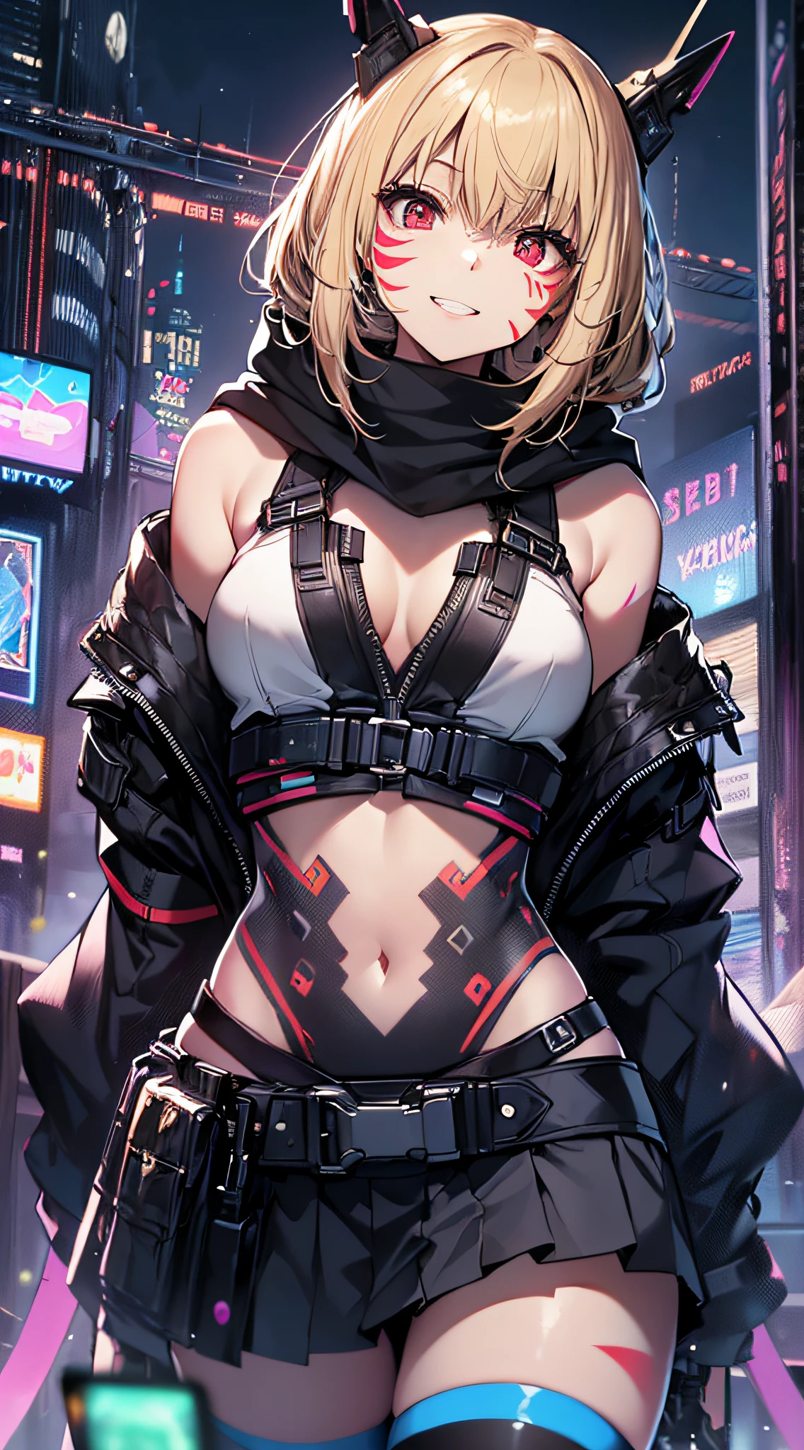top-quality、Top image quality、​masterpiece、girl with((18year old、Black and white cyber tank top、Green Line Cyber Short Skirt、Shining Cyber White Hoodie、Best Bust、Bust 90、Blonde Away Tail、Red Eyes、open chest wide、Valley、Happiness、A slender、ssmile、Red Face Paint、Black scarf、Reflecting the whole body、Slouched)）hiquality、Beautiful Art、Background with((nightcity、cyberpunked、nightclubs))、masutepiece、Elaborate design、visualart、