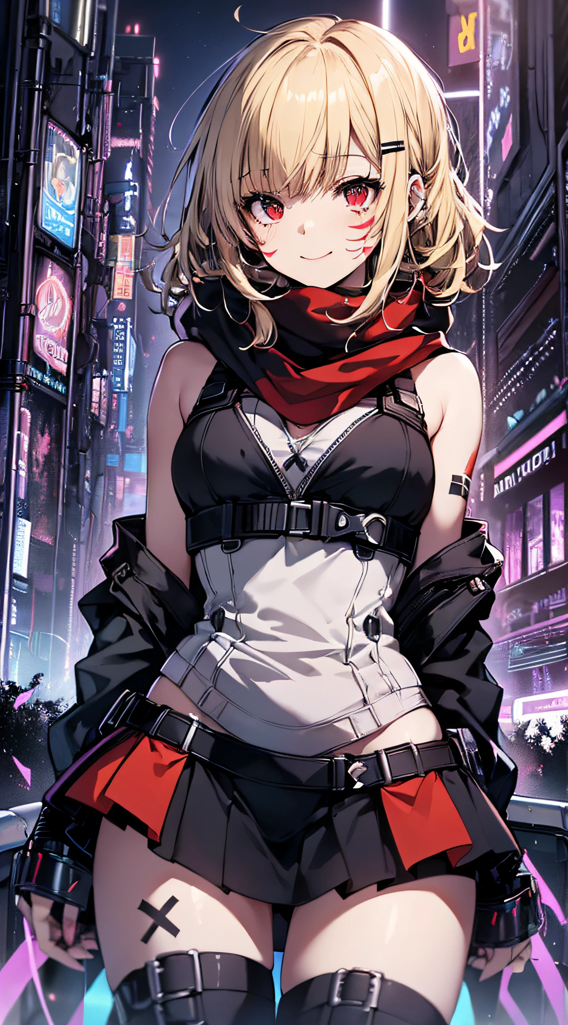 top-quality、Top image quality、masterpiece、girl with((18year old、Black and white cyber tank top、Green Line Cyber Short Skirt、Shining Cyber White Hoodie、Best Bust、Bust 90、Blonde Away Tail、Red Eyes、open chest wide、Valley、Happiness、A slender、ssmile、Red Face Paint、Black scarf、Reflecting the whole body、Slouched))hiquality、Beautiful Art、Background with((nightcity、cyberpunked、nightclubs))、masutepiece、Elaborate design、visualart、