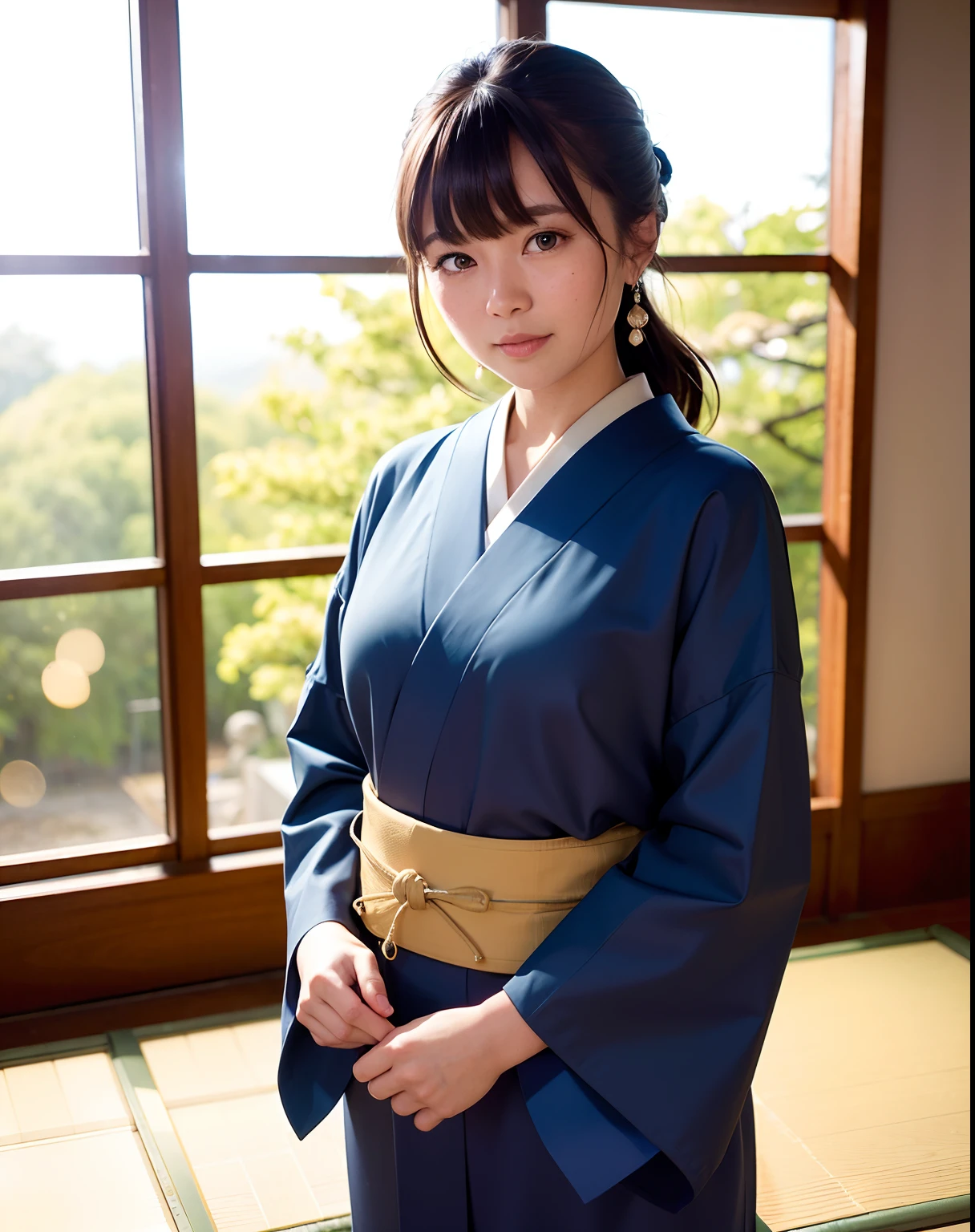 Best Quality, 超A high resolution, (Photorealistic:1.4), Raw photo, (upper waist:1.4), (Bokeh:1.7),(Window light only:1.6), (in bright japanese-style room:1.5),(Bright:1.5)
1日本人の女の子, (Solo), (Smile:1.2,Open mouth:0.7), (dark brown eyes), Natural Skin, (brown updo hair,Bangs),Standing
(blue silk kimono),(Obi)