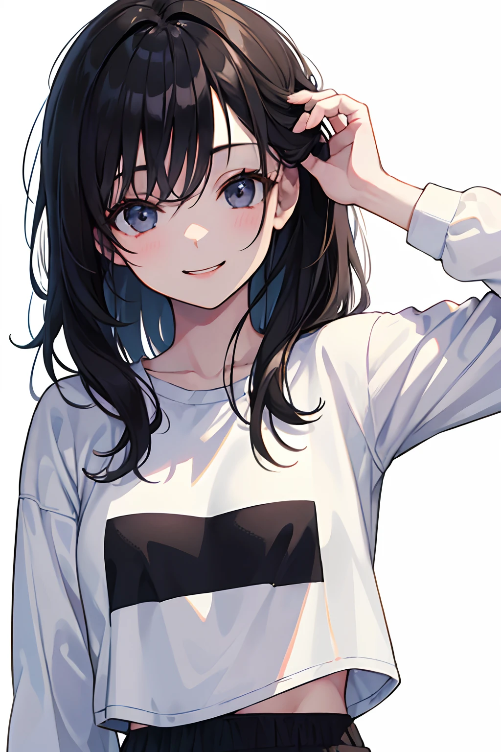 (masterpiece, best quality), 1girl, solo, 30 years old, black eyes, black hair, (smile, a lonely eyes:0.992), (Upper body:1.4), (casual and cute clothes), (white background:1.2),