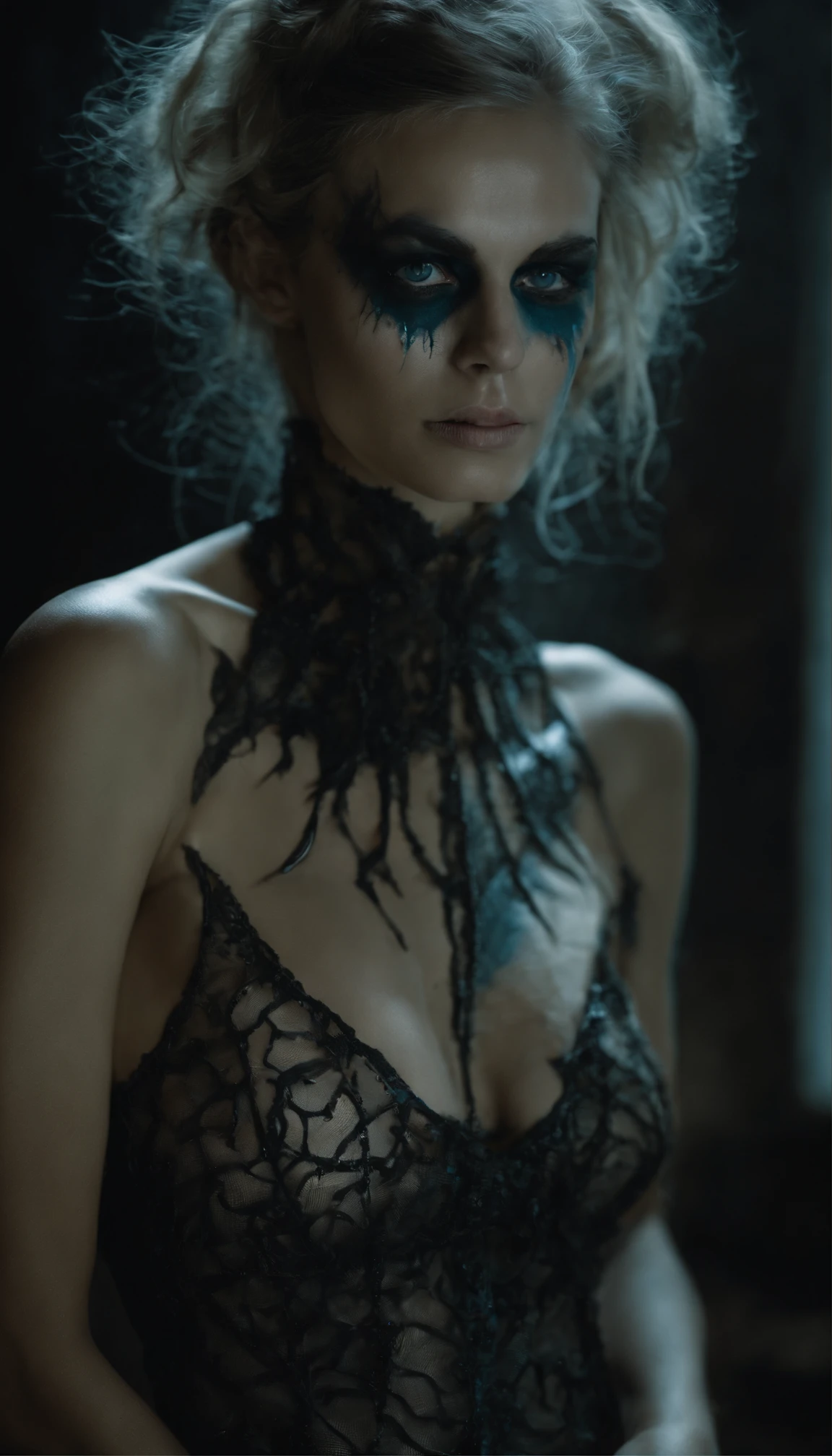 obra-prima inspirada em hellraiser, h. P. Lovecraft e Evil Dead 2013, realista de corpo inteiro ((corpo duro perfurado)) fotografia de duas jovens magras malvadas, skinny skinny young two evil females with pierced hard body ((dois magros, jovens magros, Evil young females, corpo inteiro perfurado)), decomposition, Dark black liquid of the decomposing body, 12k resolution, Body full of two cute young skinny scary scary evil female psycho monster young bat with bright translucent pale ghostly dark evil skin hugging close without clothes Decadent black-blue liquid body with piercing, very intricate face paint scary bodypaint full pierced with dark liquid out, Detailed bright and bright dark liquid coming out of the eyes, emo magro maluco maluco, Cabelo azul claro escuro e verde claro, e o mal assustador perverso sorriso azul, cena sombria escura em casa assombrada muito assustadora, ultra-detalhado, ((arte sombria)), Pântano of horror, whole body view, head to toe, UHD