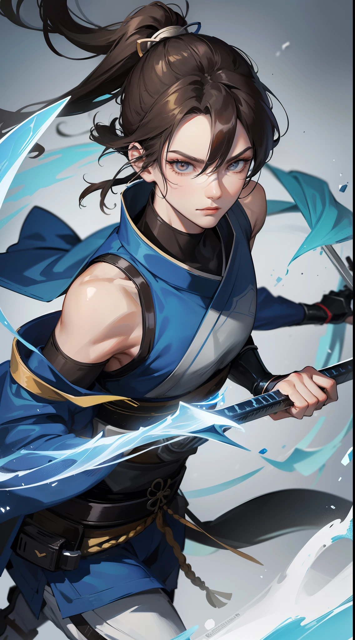 Grown-up guy, short black hair, high ponytail, Brown eyes, mask, blue shinobi kimono, Sleeveless, Sub-Zero, Cold, ice, blizzard, Battle-ax, Masterpiece, hiquality, 4k, HD, Good detail