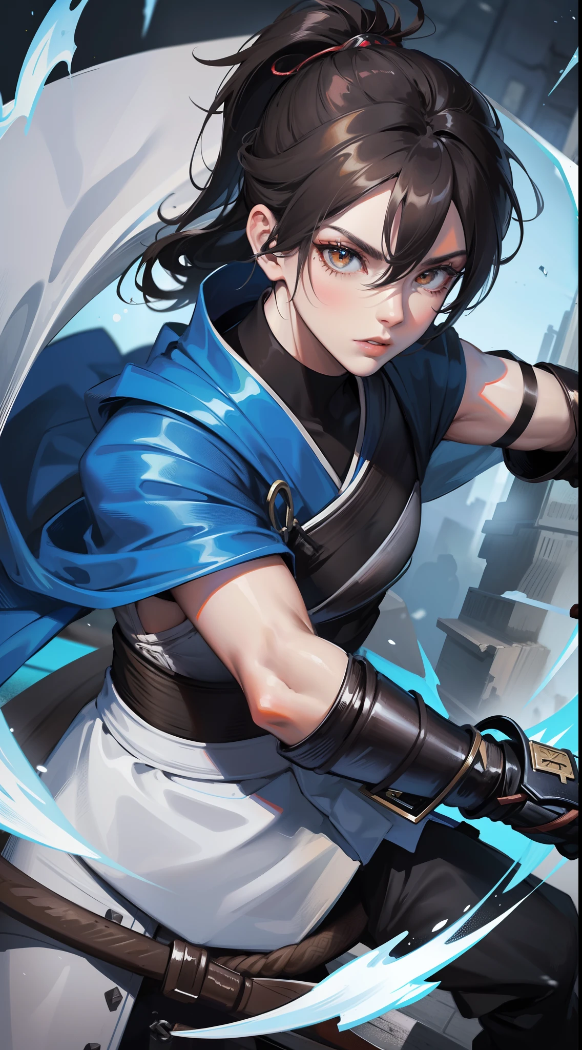 Grown-up guy, short black hair, high ponytail, Brown eyes, mask, blue shinobi kimono, Sleeveless, Sub-Zero, Cold, ice, blizzard, Battle-ax, Masterpiece, hiquality, 4k, HD, Good detail