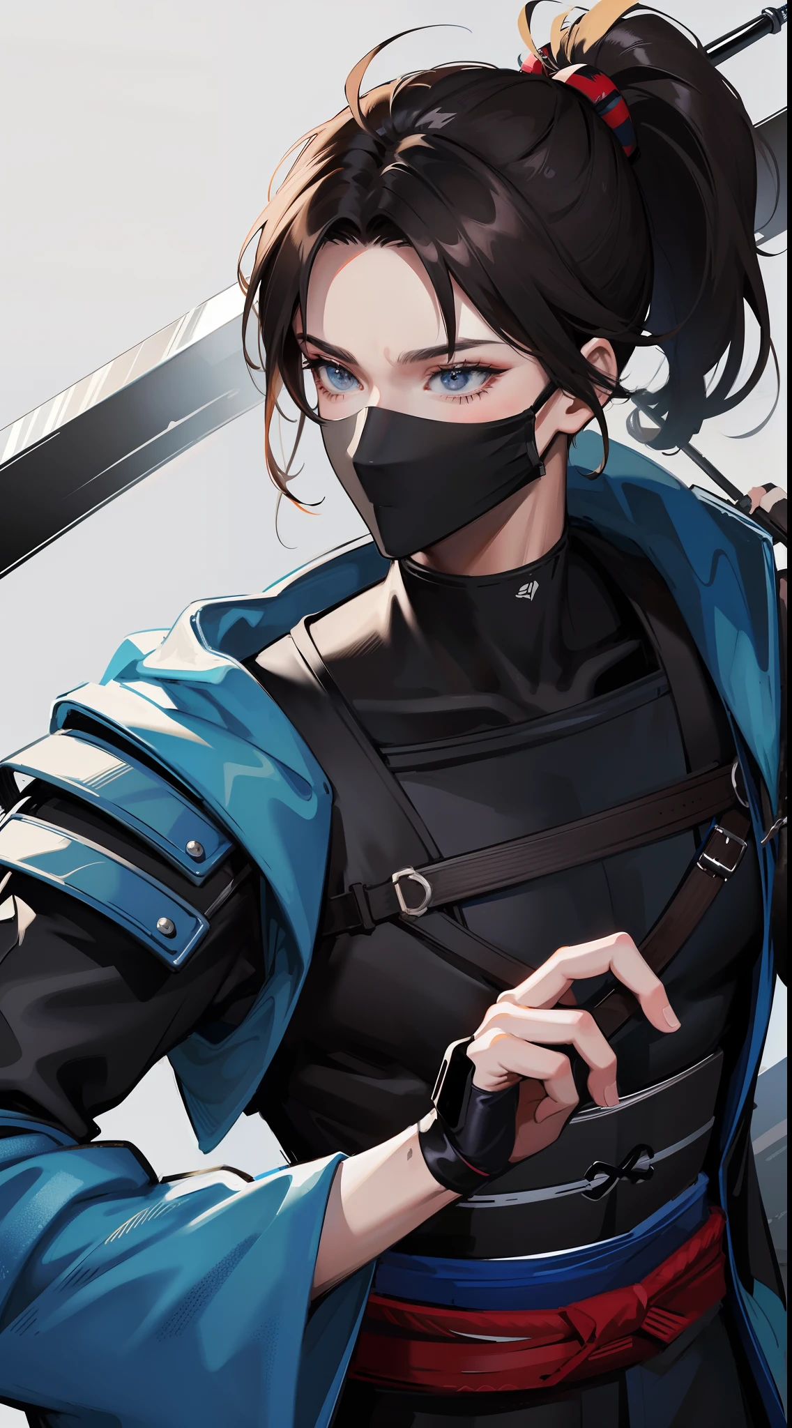 Grown-up guy, short black hair, high ponytail, Brown eyes, mask, blue shinobi kimono, Sleeveless, Sub-Zero, Cold, ice, blizzard, Battle-ax, Masterpiece, hiquality, 4k, HD, Good detail
