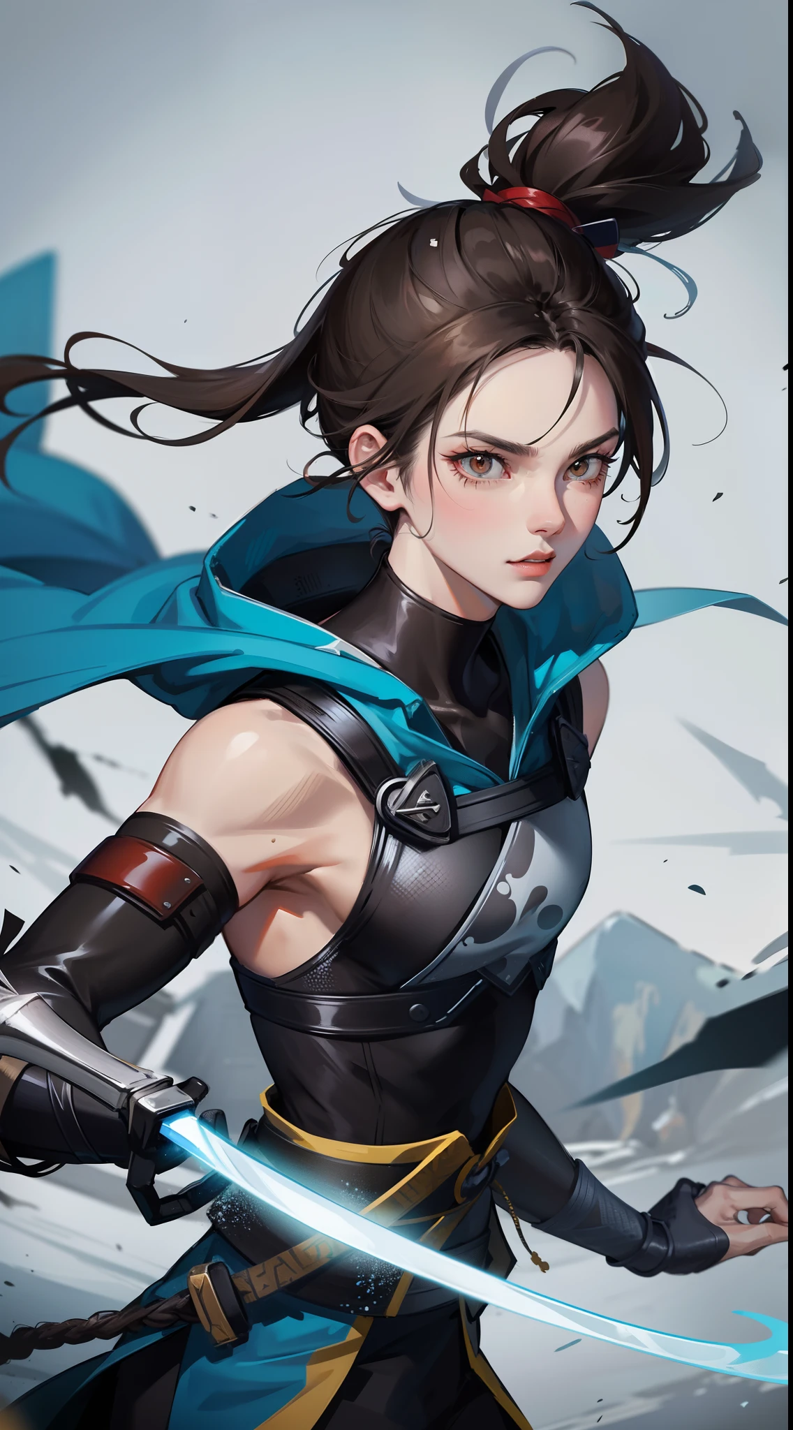 Grown-up guy, short black hair, high ponytail, Brown eyes, mask, blue shinobi kimono, Sleeveless, Sub-Zero, Cold, ice, blizzard, Battle-ax, Masterpiece, hiquality, 4k, HD, Good detail