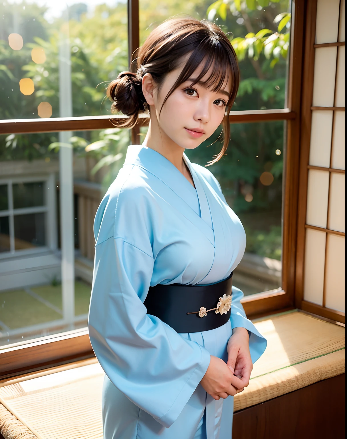 Best Quality, 超A high resolution, (Photorealistic:1.4), Raw photo, (upper waist:1.4), (Bokeh:1.7),(Window light only:1.6), (in bright japanese-style room:1.5),(Bright:1.5)
1日本人の女の子, (Solo), (Smile:1.2,Open mouth:0.7), (dark brown eyes), Natural Skin, (brown updo hair,Bangs),Standing
(blue silk kimono),(Obi)