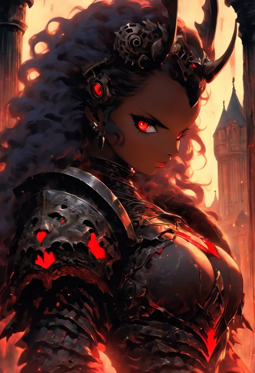 (queen power armor), ((little girl)) , (gothic style), dark skin , bellybutton, The most beautiful and sexy demon goddess, long ashy hair, glowing red eyes, wearing detailed black gothic battle armor, (tattoos and piercings), gothic castle, perfect masterpiece, high quality, high resolution, ((horror girl)), blood big armor, ((the third eye)), naked, ,FFIXBG, ((a heart on the nipple)), ram's horns