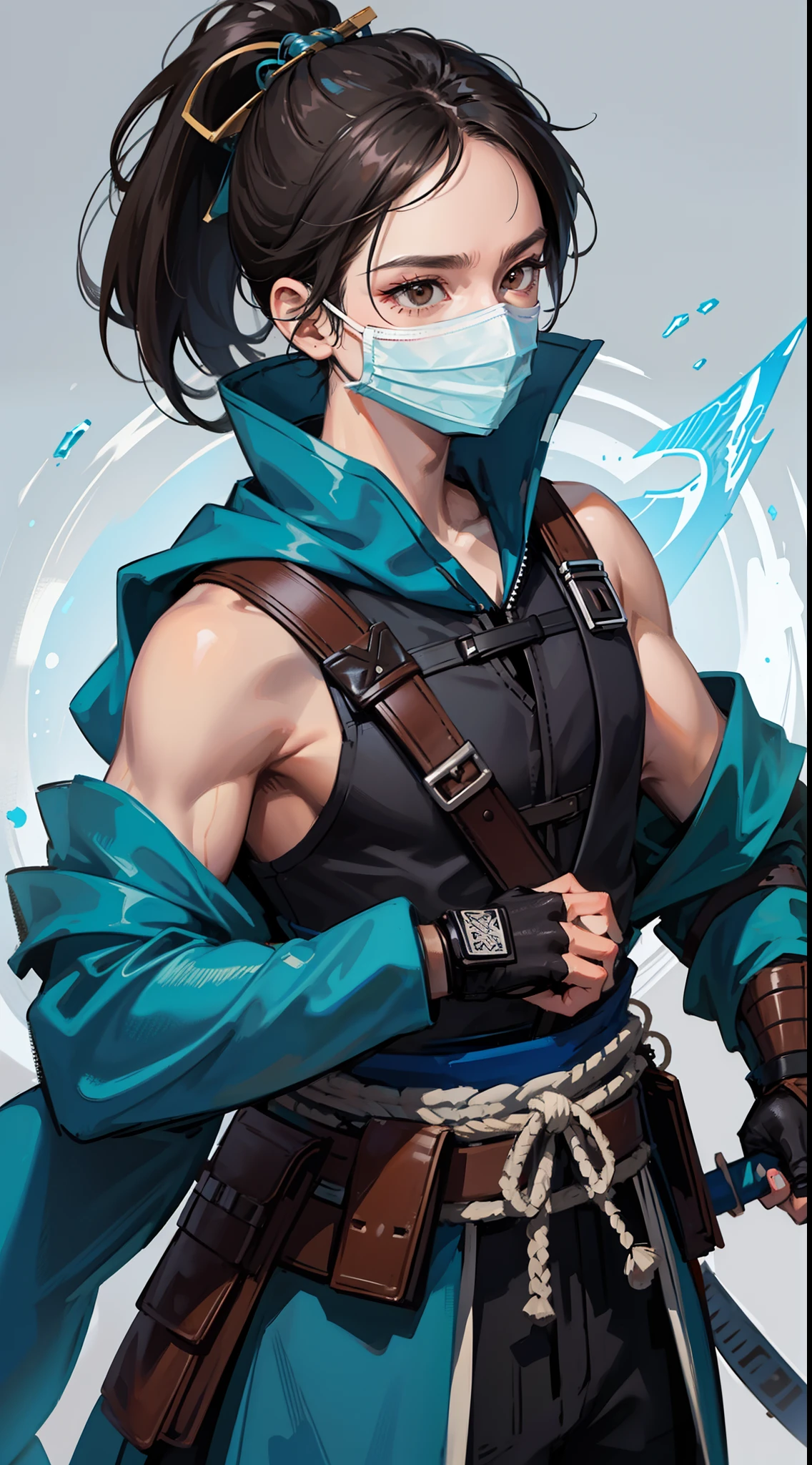 Grown-up guy, short black hair, high ponytail, Brown eyes, mask, blue shinobi kimono, Sleeveless, Sub-Zero, Cold, ice, blizzard, Battle-ax, Masterpiece, hiquality, 4k, HD, Good detail