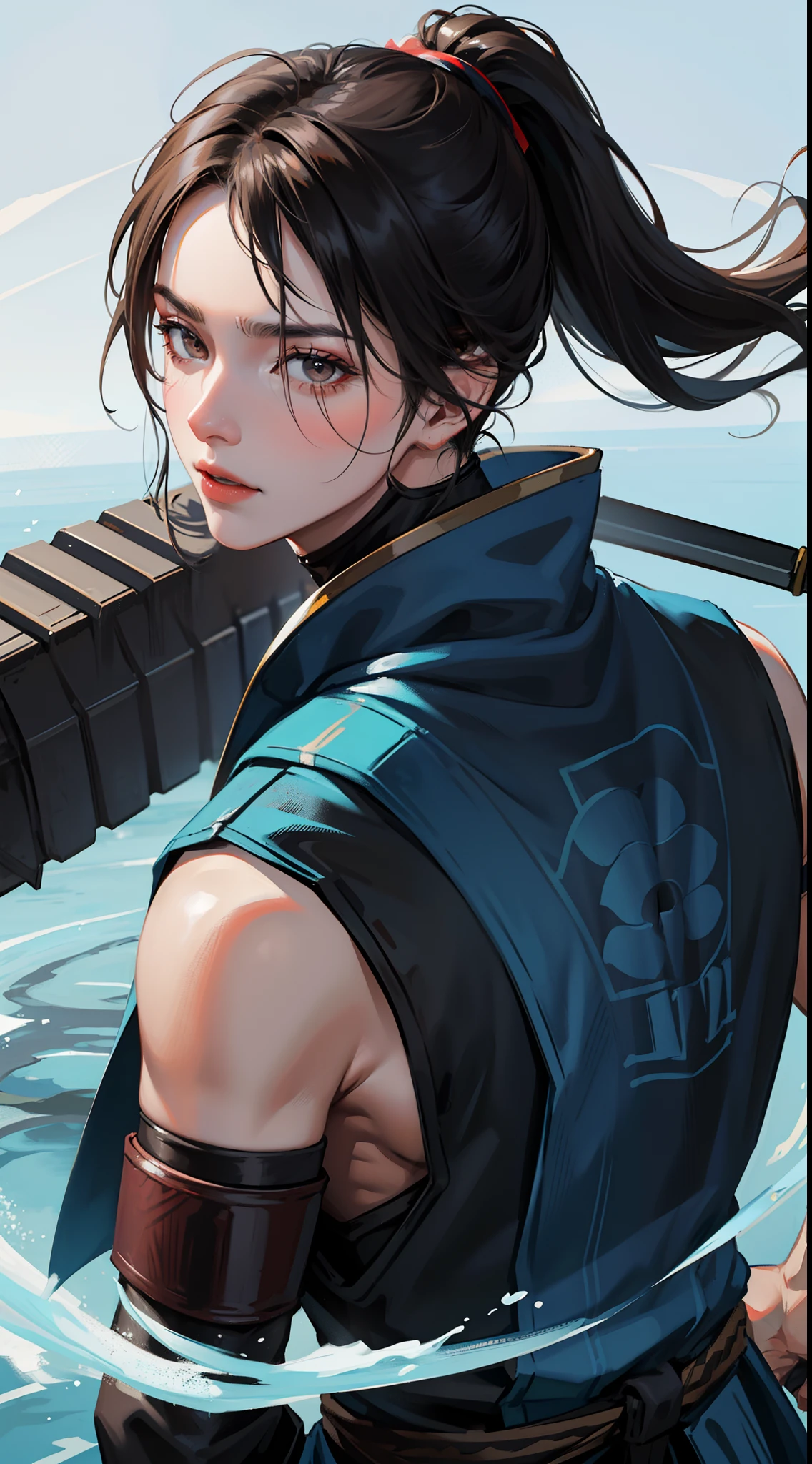 Grown-up guy, short black hair, high ponytail, Brown eyes, mask, blue shinobi kimono, Sleeveless, Sub-Zero, Cold, ice, blizzard, Battle-ax, Masterpiece, hiquality, 4k, HD, Good detail