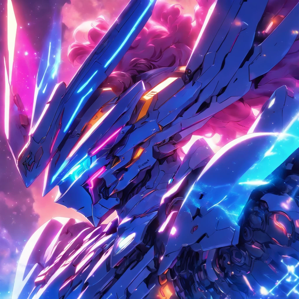 (8k,best quality, masterpiece:1.2),physically-based rendering,tyndall effect,surface reflection,metallic luster,looking at viewer,Close-Up, (Mecha:1.1),full body,solo,glowing,armor,large wings,planet,fire,Universe,scientific discoveries,pastel colors,scifi,space,moon, kawaiitech,pastel colors,kawaii,cute colors,scifi,