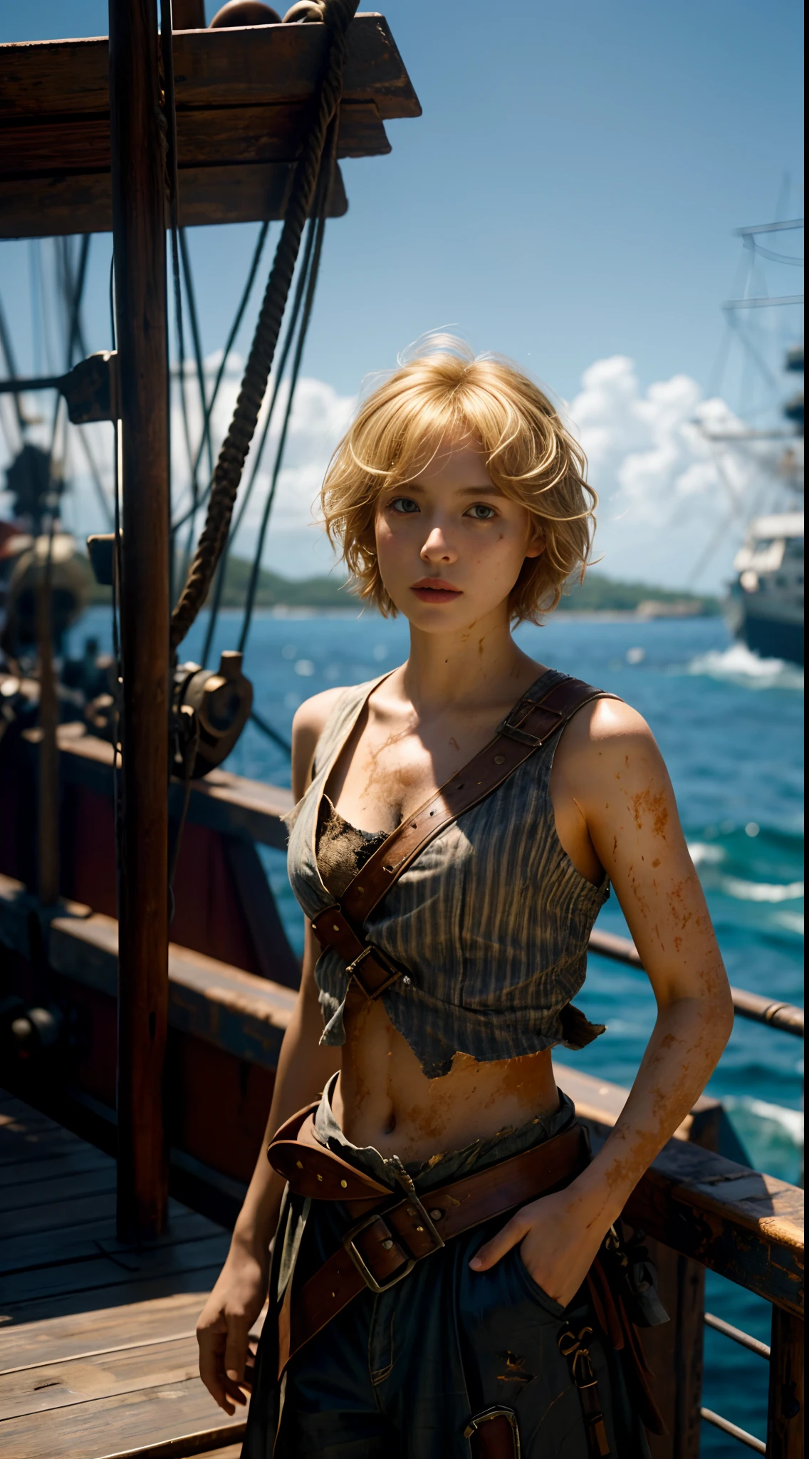 Dramatic lighting, Highest quality, film movie still, (Charming Anne Bonny, Dressed in dirty tattered pirate costumes, Stand on the deck of a pirate ship docked in a Caribbean port), grimy, Dark atmosphere, Toned body, (ripped clothing:0.8), Perfect face, view the viewer, (Detailed skin) [freckle], ((Dirty)), (muddy), (dark cloude:0.7), (Stormy weather:0.5), Dull, Natural lighting, (direct light:0.4), 8mm film grain, photographed on a Sony a9 II, 24mm lens, f/2.8 aperture, Deep focus, (primitive), 8K, (Stills from《The Lost Pirate Kingdom, blonde short hair, blonde short hair, midshot, centered image, ultra detail, extremely face detail, extremely eye detail