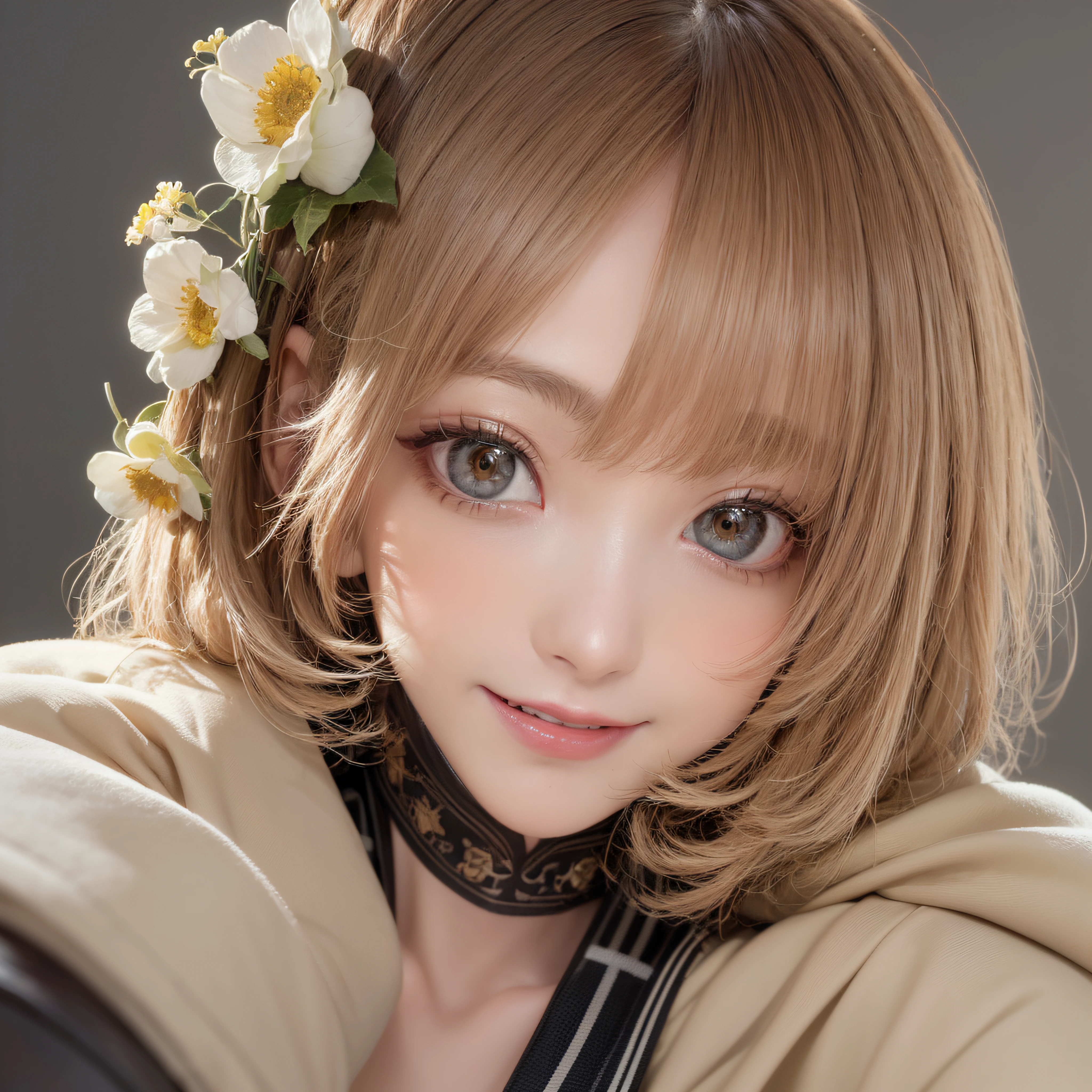 monotone、Close-up of laughing face、embracing each other、short-hair、Facing the front、Super monotone model、monotone makeup、Glossy lips、Shining eyes、(realisitic、hight resolution)、(1 girl in)、Do-Up Eye、Korean Girl、(Best Quality), (masutepiece), (1girl in), Solo, a beauty girl, Perfect face, Highly detailed airbrush art((Surreal))、Volumetric lighting、(top-quality)、The ultra-detailliert、Highly detailed monotone details、(Bright lighting)、Her eyes are shining、Her face is full of anticipation and courage for adventure.、A smile comes to her lips、An air full of smiles and adventurous spirit、Hot Hot