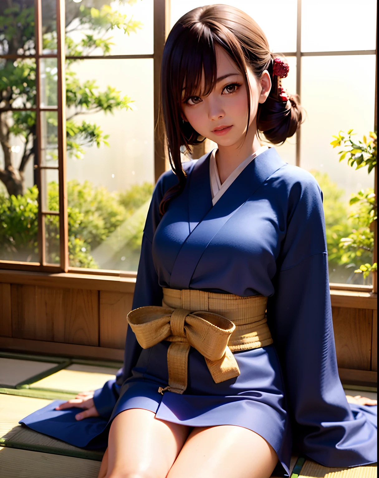 Best Quality, 超A high resolution, (Photorealistic:1.4), Raw photo, (upper waist:1.4), (Bokeh:1.7),(Window light only:1.6), (in bright japanese-style room:1.5),(Bright:1.5)
1日本人の女の子, (Solo), (Smile:1.2,Open mouth:0.7), (dark brown eyes), Natural Skin, (brown updo hair,Bangs),Standing
(blue silk kimono),(Obi)