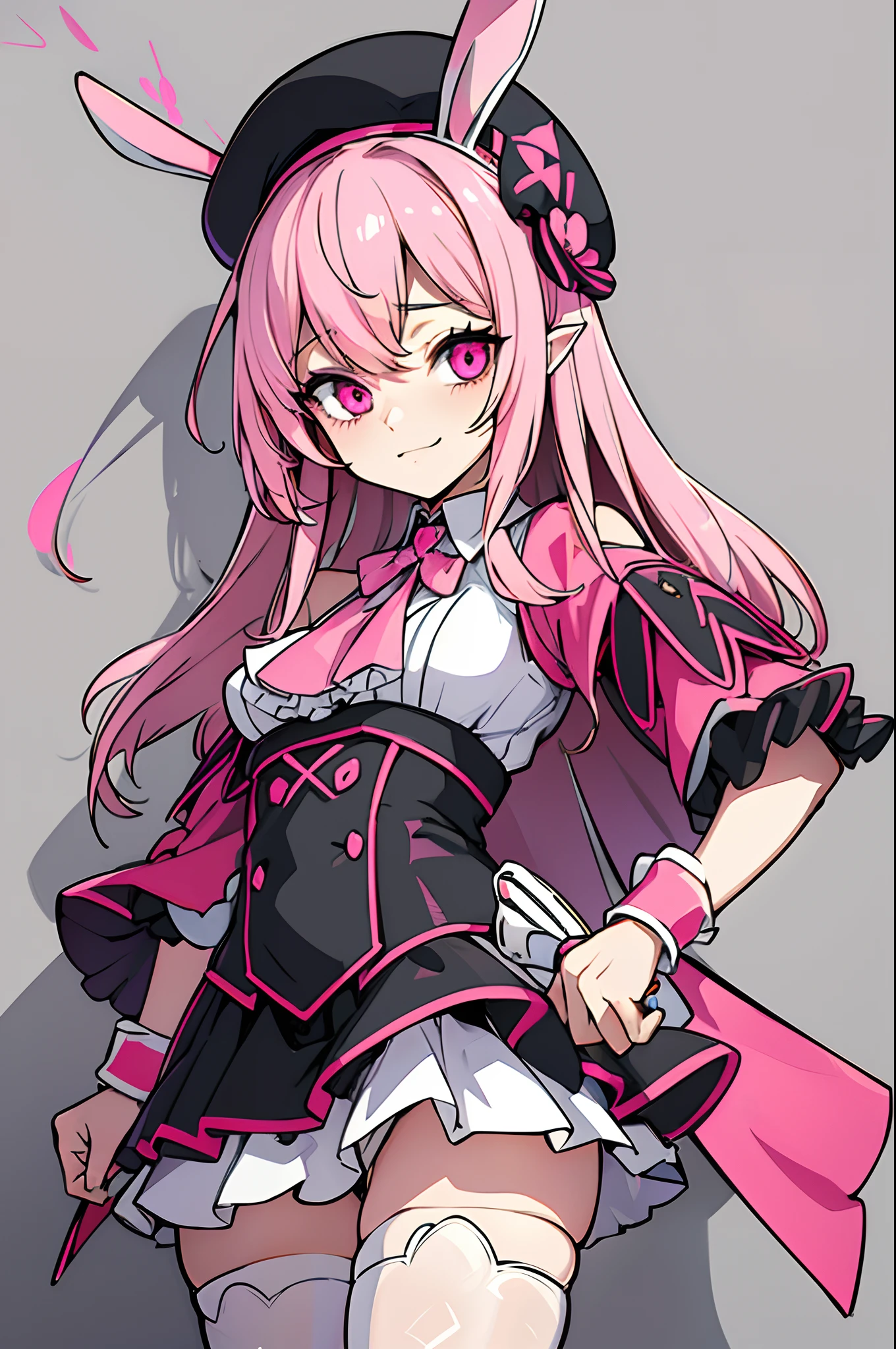 masterpiece, highlydetailed, ultra-detailed, pink killer rabbit, (bloody:0.8), (military knife), (P90), (pink bunny ears), (beret), (pink blood)style of anime