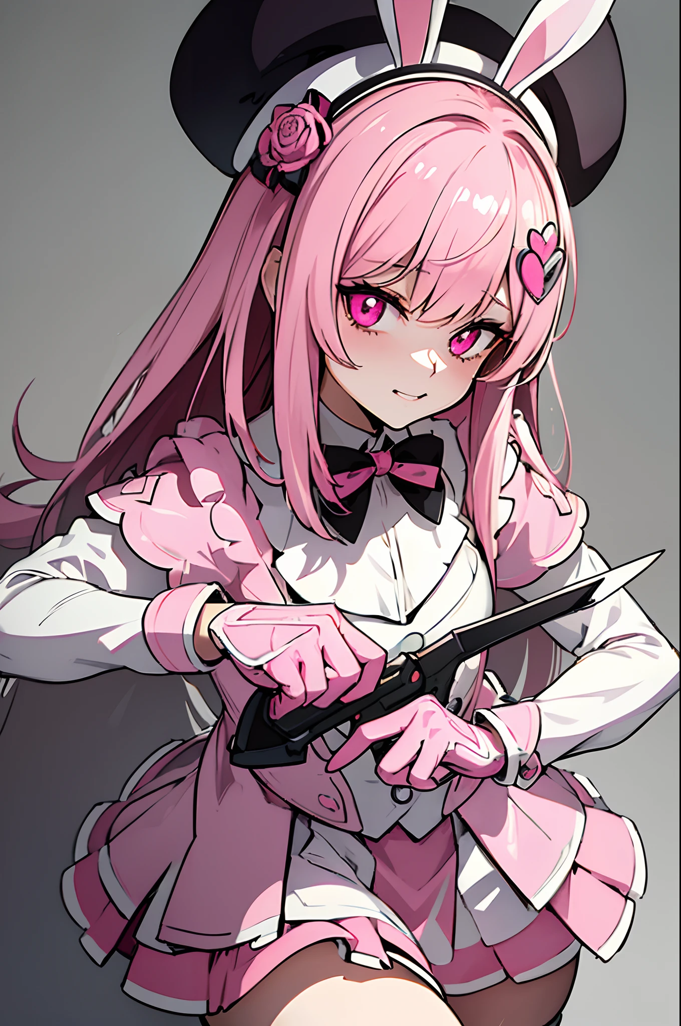 masterpiece, highlydetailed, ultra-detailed, pink killer rabbit, (bloody:0.8), (military knife), (P90), (pink bunny ears), (beret), (pink blood)style of anime