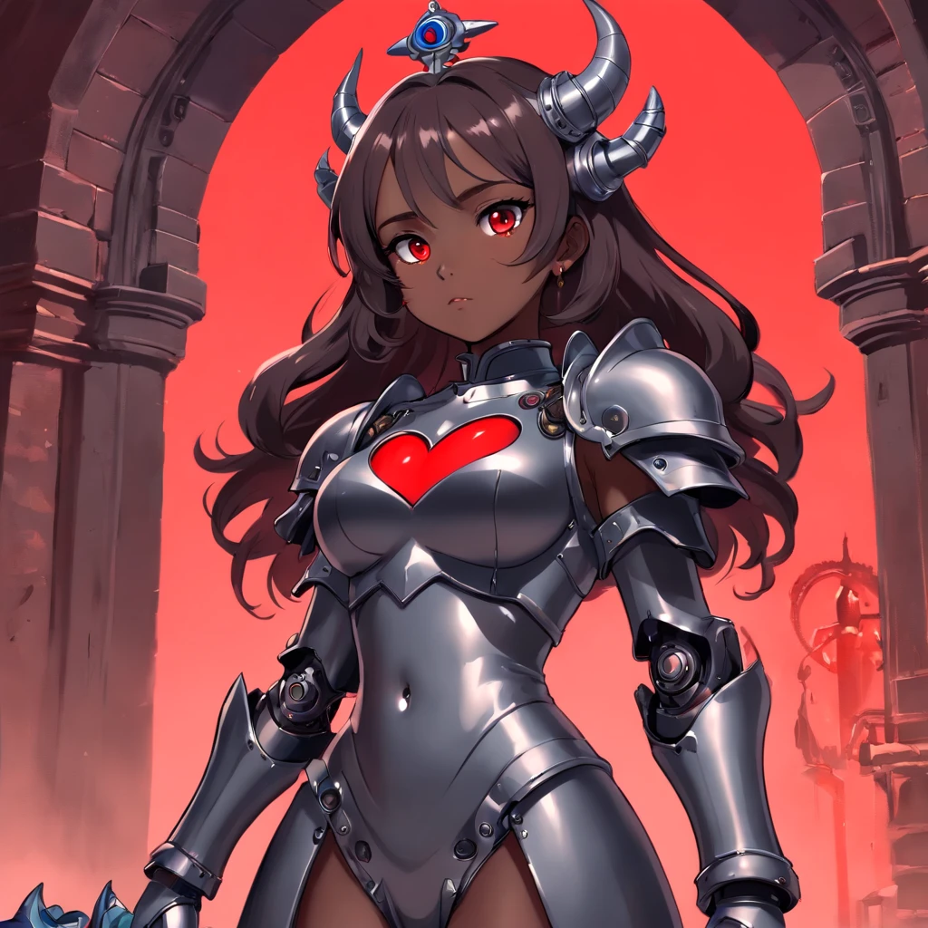 (queen power armor), ((little girl)) , (gothic style), dark skin , bellybutton, The most beautiful and sexy demon goddess, long ashy hair, glowing red eyes, wearing detailed black gothic battle armor, (tattoos and piercings), gothic castle, perfect masterpiece, high quality, high resolution, ((horror girl)), blood big armor, ((the third eye)), naked, ,FFIXBG, ((a heart on the nipple)), ram's horns