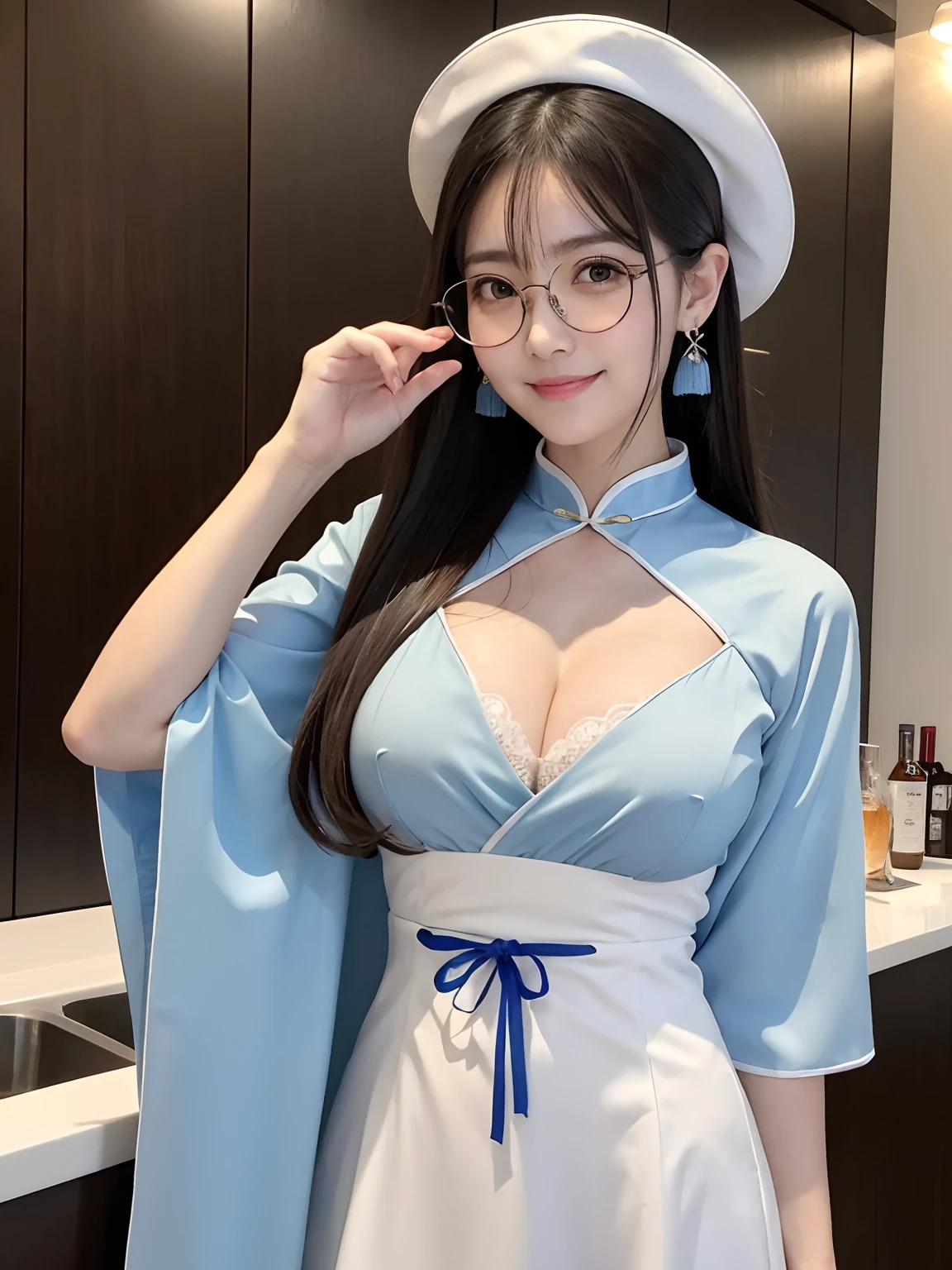 (4 k、top-quality)、(realisitic、Photorealsitic)、(Yakian)、
1girl in、独奏、fullllbody、(face to the viewer)、
perfect hand、perfect foot、up looking_で_the viewer、
whiteshirt、
in a house、natta、Luxury hotel bar at night、finerly detailed face、wearing round glasses、Slightly chubby、The best smile、White double teeth are visible、White ribbon、Light Brown Long Ponytail,(super gigantic breast, cleavage:1.2),(Blue Chinese traditional dress、Less dough:1.3), (Cameltoe),35 year old、Nogizaka Idol、actress、Korean Idol、hposing Gravure Idol,place one's arms behind one's back,raise both arm,(Aside)、