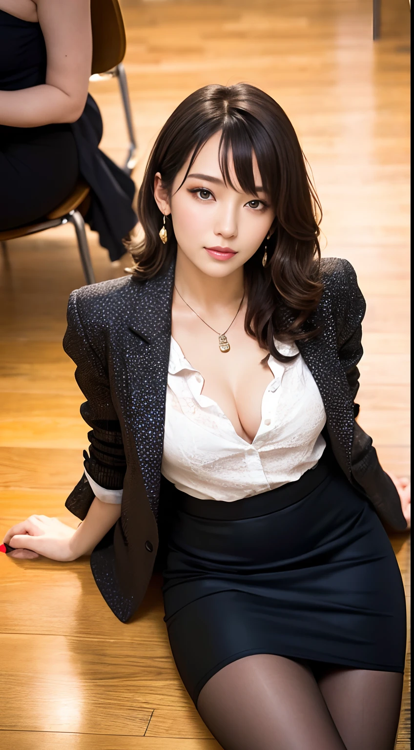 ((Best Quality, 8k, Masterpiece, Portrait: 1.3)), (looking at viewer),Photorealistic, Sharp Focus, glare, beautiful Japan Office Lady, gray blazer, white shirt, Clothes with big Cleavage View, 35 Years Old, Wavy Hair, ((double eyelid, eyelash, lip gloss)), (Wrinkles at the Corners of the Eyes:0.6), ((Sit with Open your legs wide on office chair:2, two knees up, show off pubic)), (loose waist:1),((Show Panties what stained on pubic part:1)), (pubichair:1.5), (open mouth:0.7), (angry:0.5), ((open mouth:1)), Darkness Nobody Office Room,