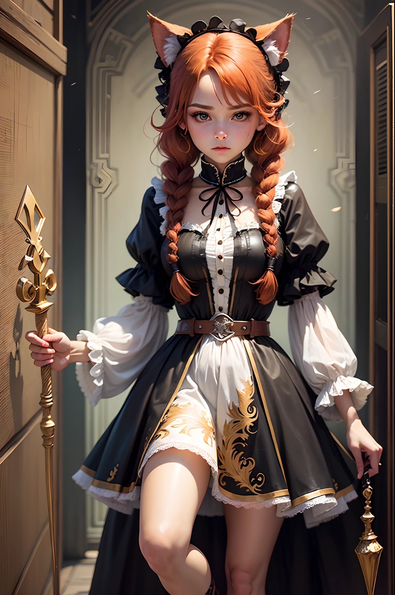 redhead girl with two long braids' caminando hacia la cámara, vestida de Maid , con vestido corto sexy con detalles de armadura peto mealico dorado , en las piernas viste medias de red blancas , zapatillas de tacon con detalles metalicos dorados, holding a wizard's staff in his hand, realista, muy realista, piel ultra daetallada, ojos grandes amarillos, orejas de gato. --auto --s2