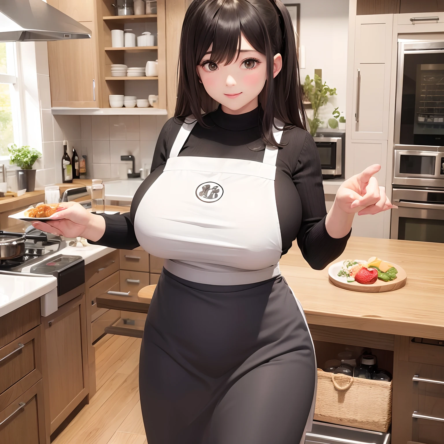 clear, high-definition image, (((a housewife, she has curving body, round face, curving chin, fat a little))), drooping eyes, eyes realistic sizing, ((casual dress)), tiny earrings, orgasm, whole body image, in the kitchen, table, some cooking tools,