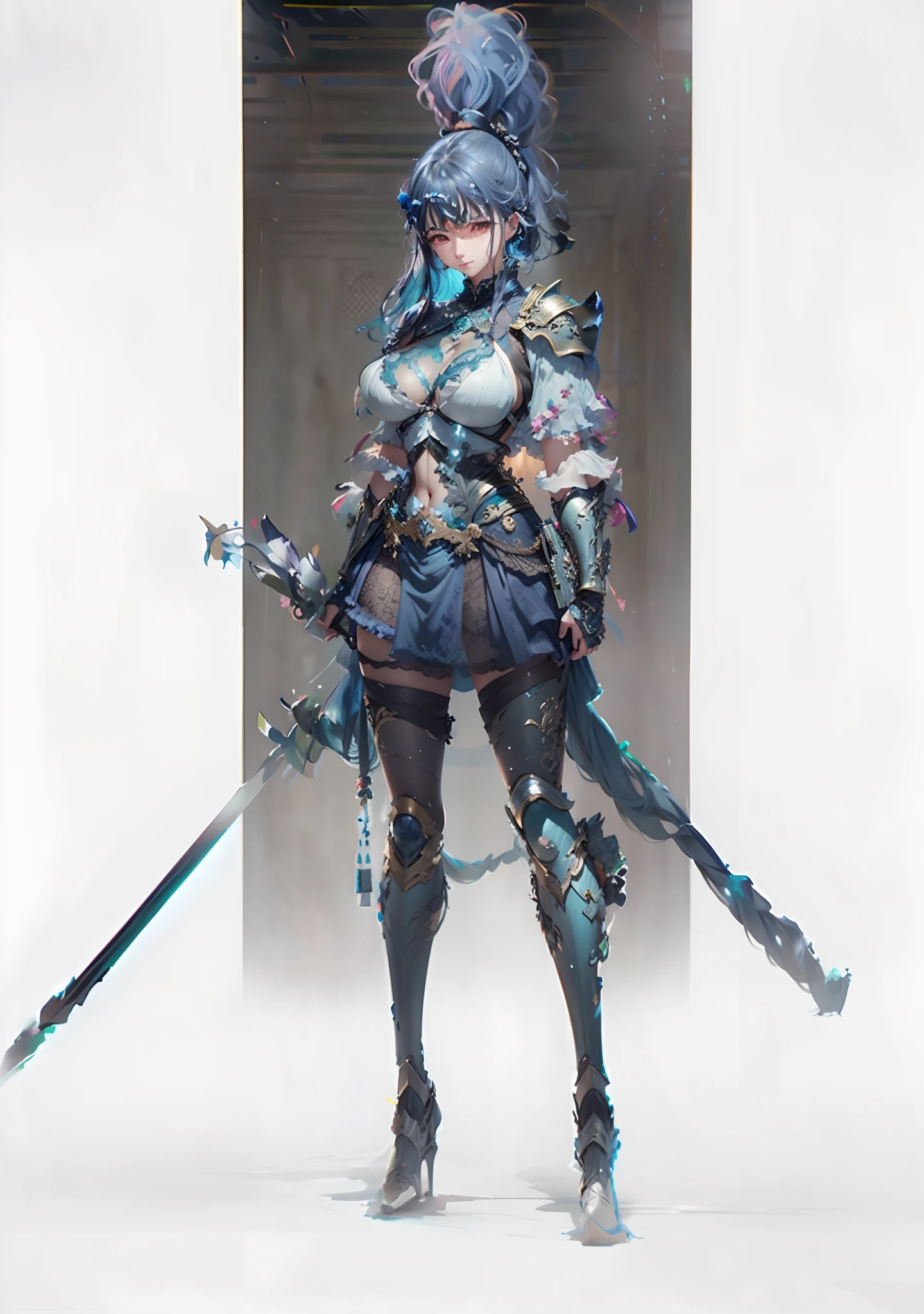blue hair,hentail realism, shadowing,,character sheets, reference sheet, Standing painting, 8K, Super detail, 1080p, Women's HD,femele, 16k, A high resolution, Best quality, High quality, Anatomically correct, Masterpiece, ccurate, hyper HD,As graceful as a swan,unreal-engine, Ghibli-like colors, anime big breast, Standing painting, angle of view,battle armor,ssee-through,Lace skirt,Glowing Particle Effects